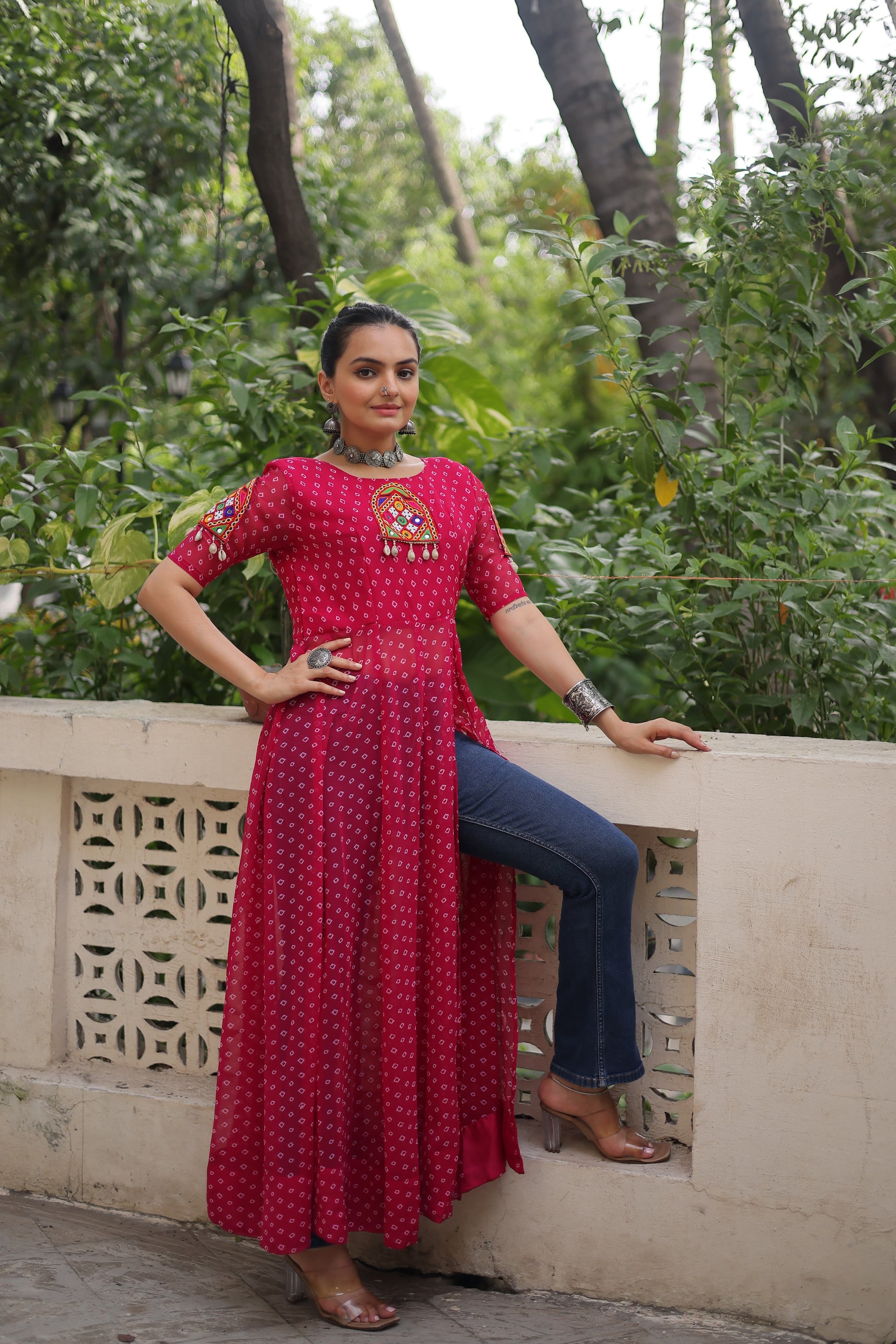 Prazu Fashion Pink Georgette Bandhani Print With Kutchi Patch work Navaratri Kurti