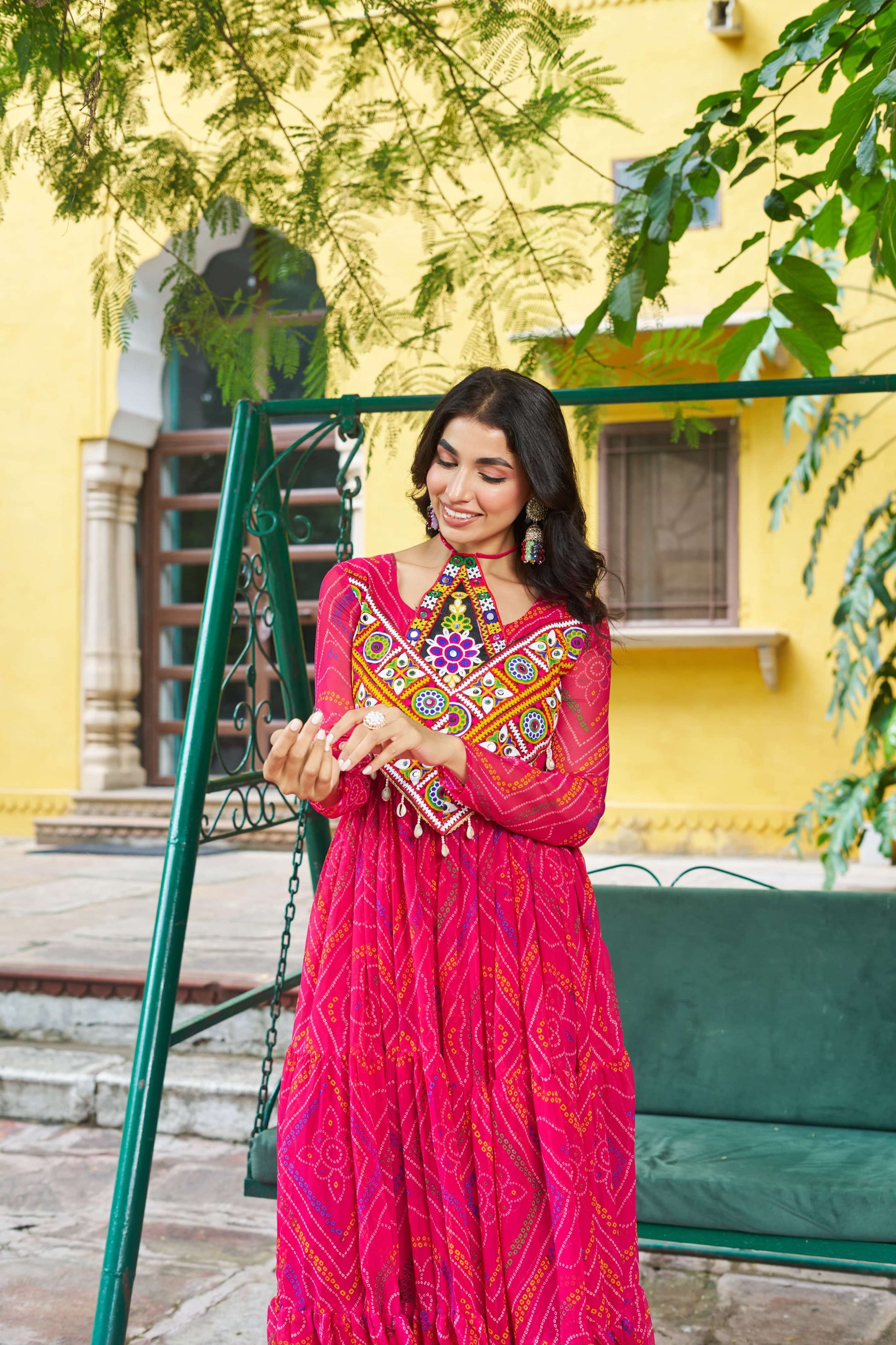 Prazu Fashion Pink Georgette Bandhani Print With Kutchi Patch work Navaratri Kurti