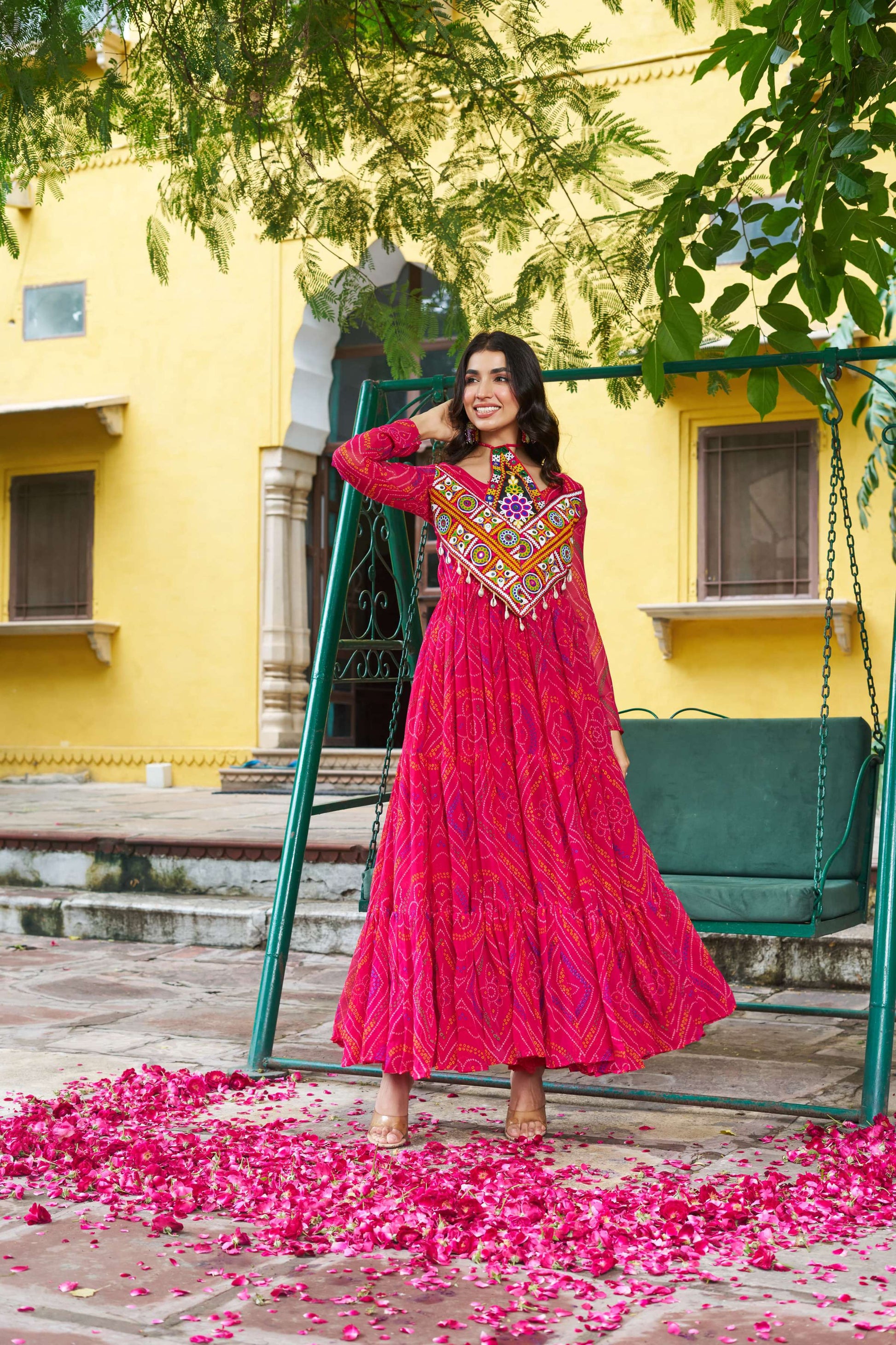 Prazu Fashion Pink Georgette Bandhani Print With Kutchi Patch work Navaratri Kurti