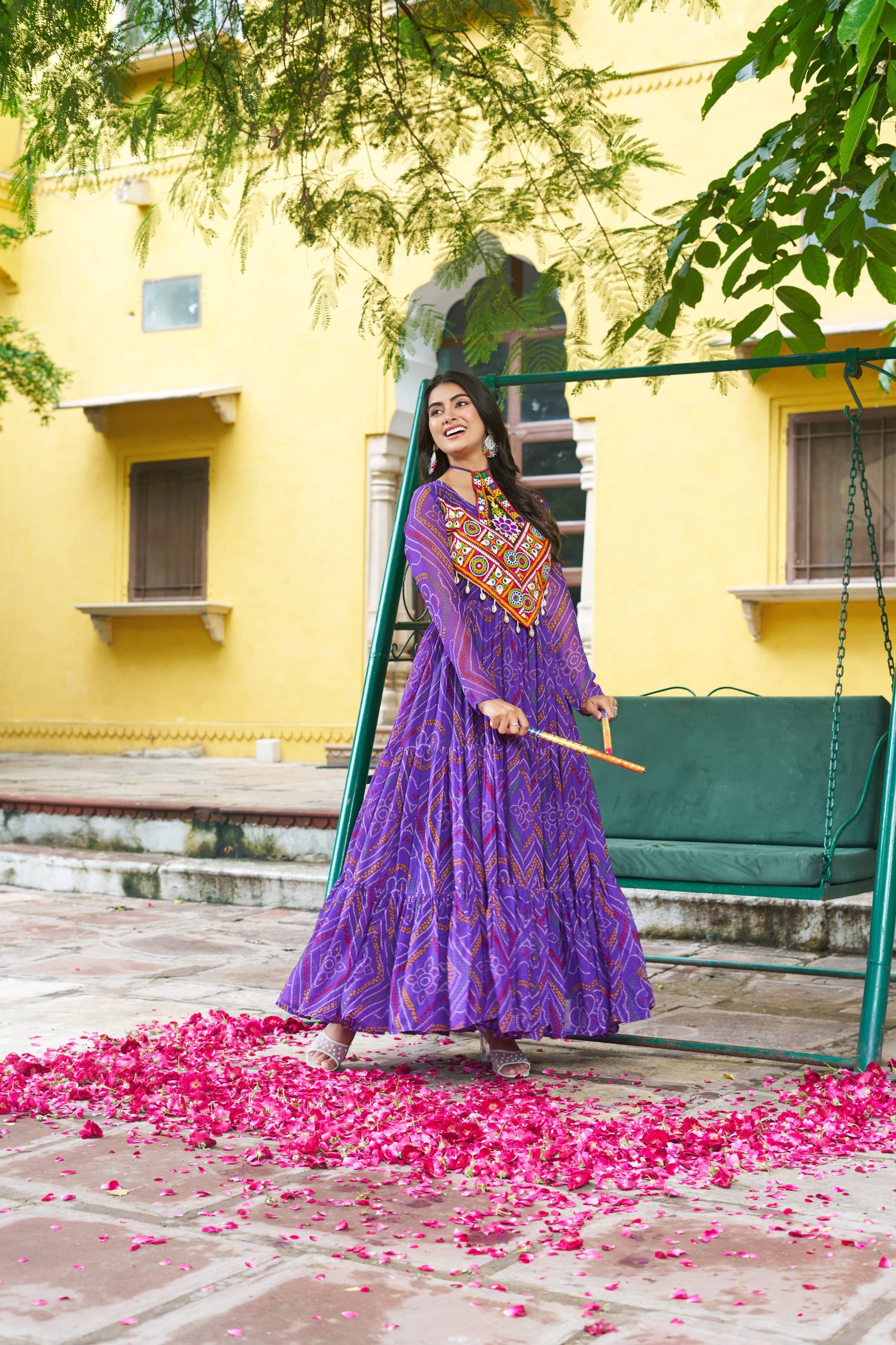 Prazu Fashion Violet Georgette Bandhani Print With Kutchi Patch work Navaratri Kurti