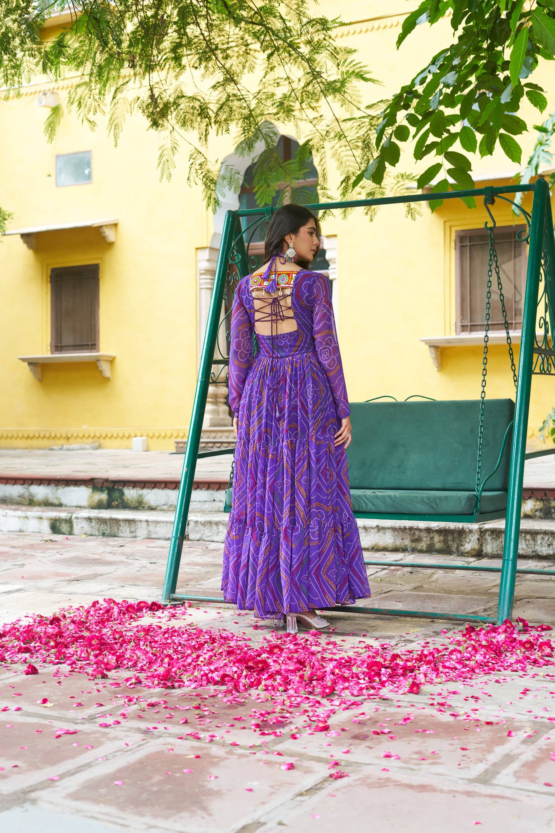 Prazu Fashion Violet Georgette Bandhani Print With Kutchi Patch work Navaratri Kurti