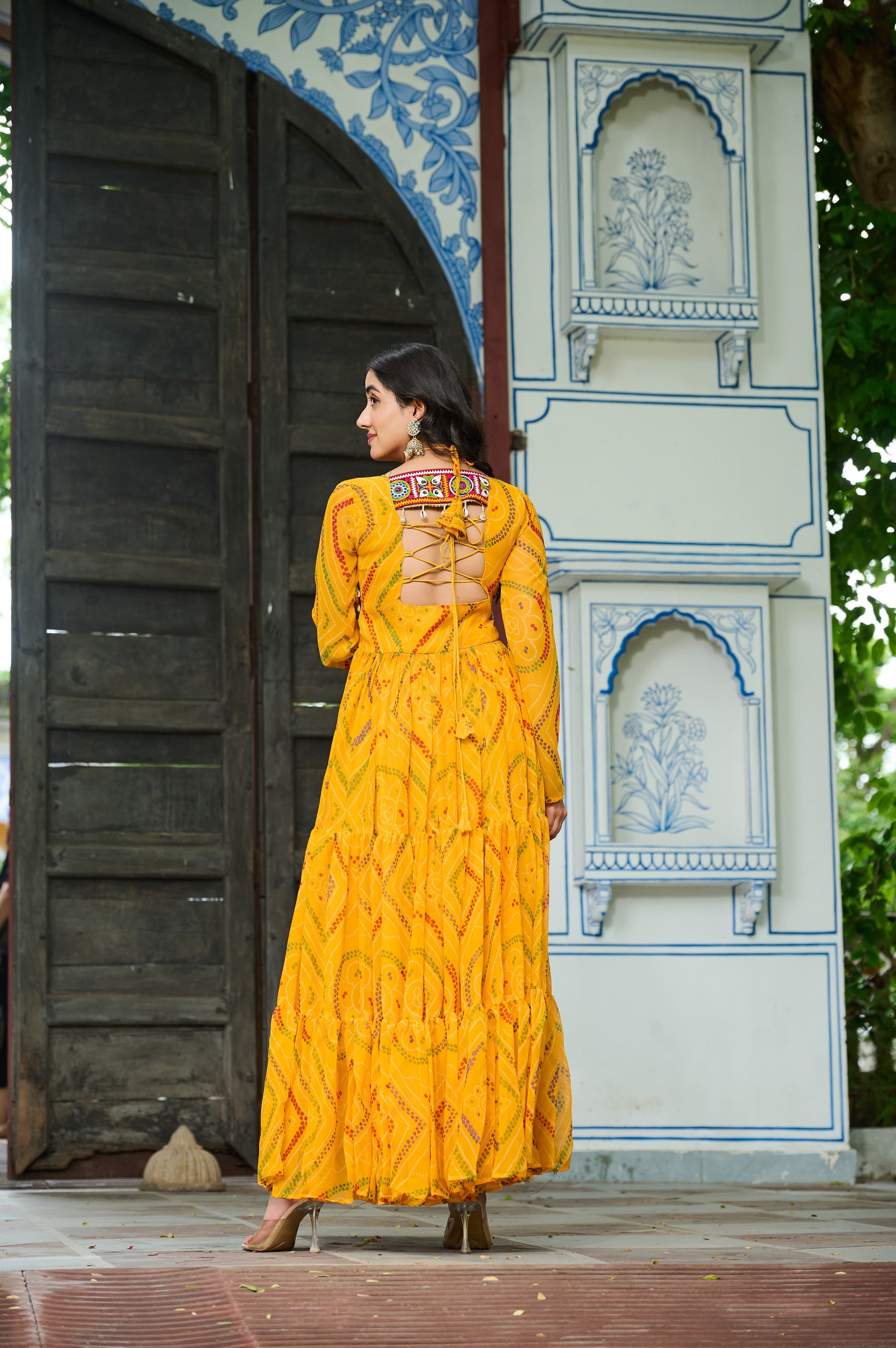 Prazu Fashion Yellow Georgette Bandhani Print With Kutchi Patch work Navaratri Kurti