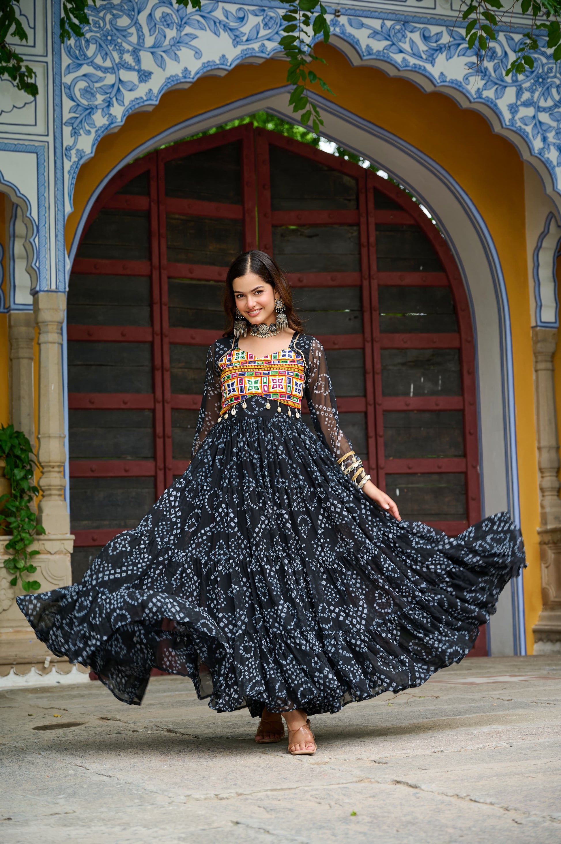 Prazu Fashion Black Georgette Bandhani Print With Kutchi Patch work Navaratri Gown