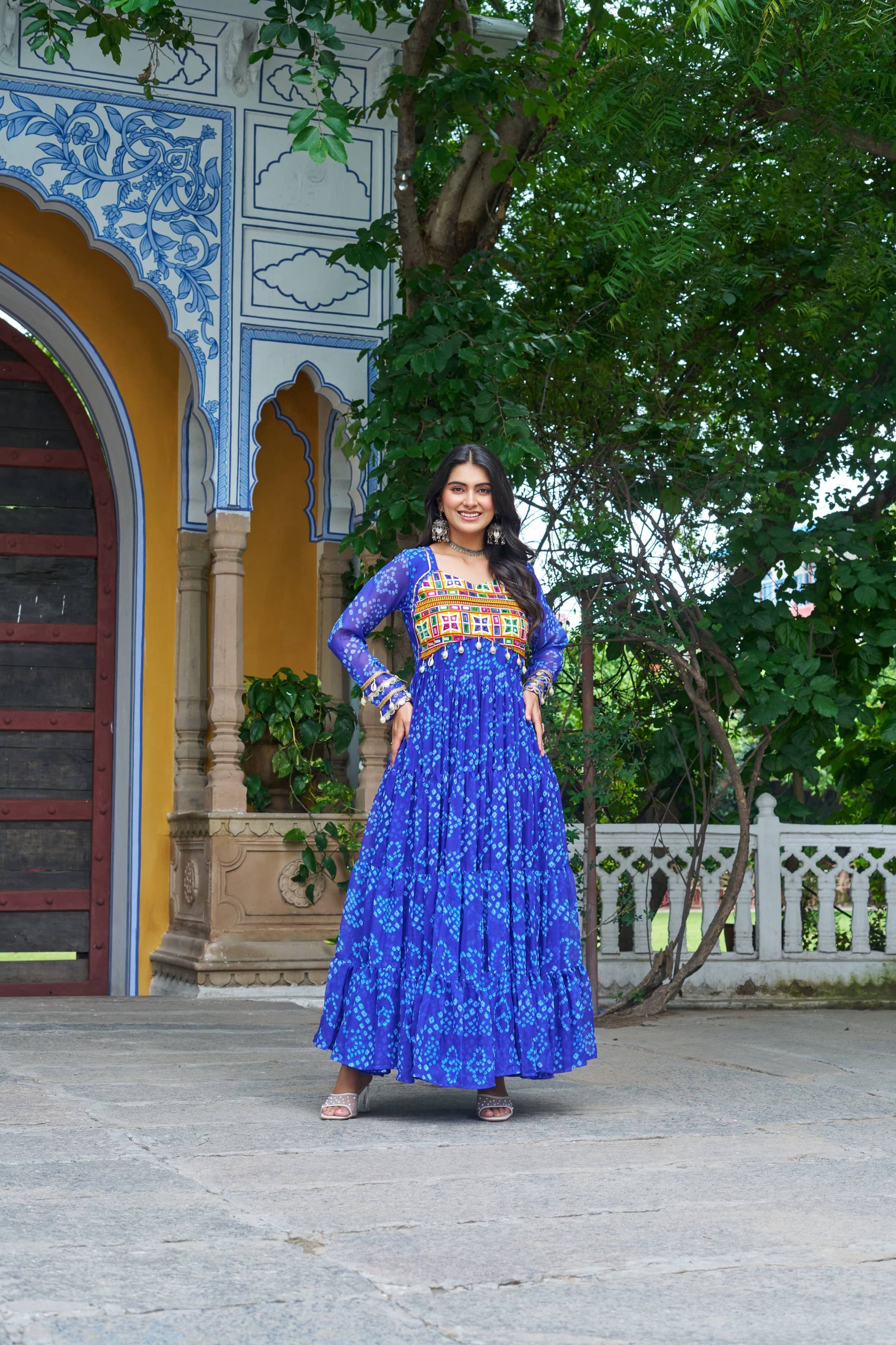 Prazu Fashion Blue Georgette Bandhani Print With Kutchi Patch work Navaratri Gown