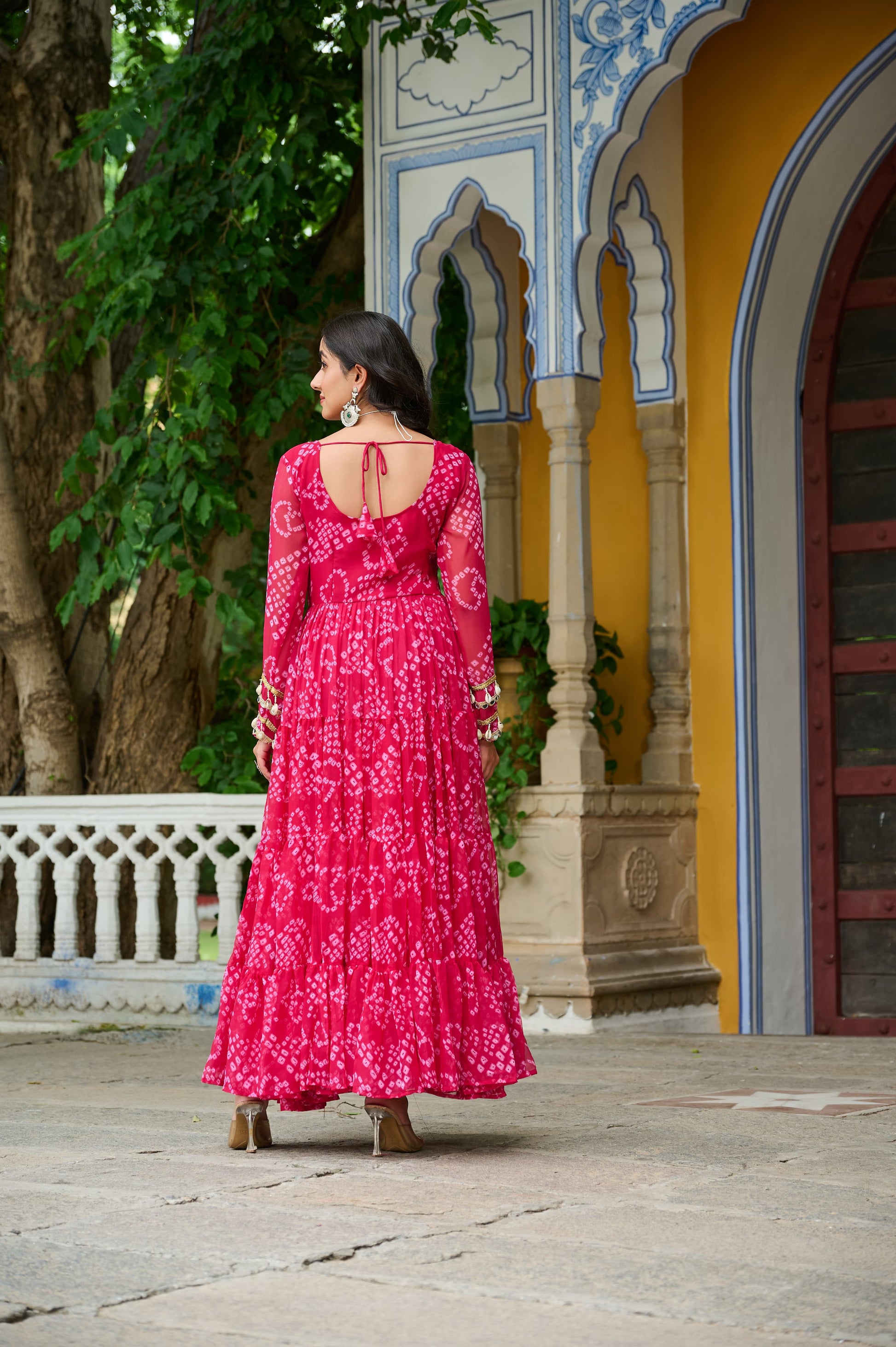 Prazu Fashion Pink Georgette Bandhani Print With Kutchi Patch work Navaratri Gown