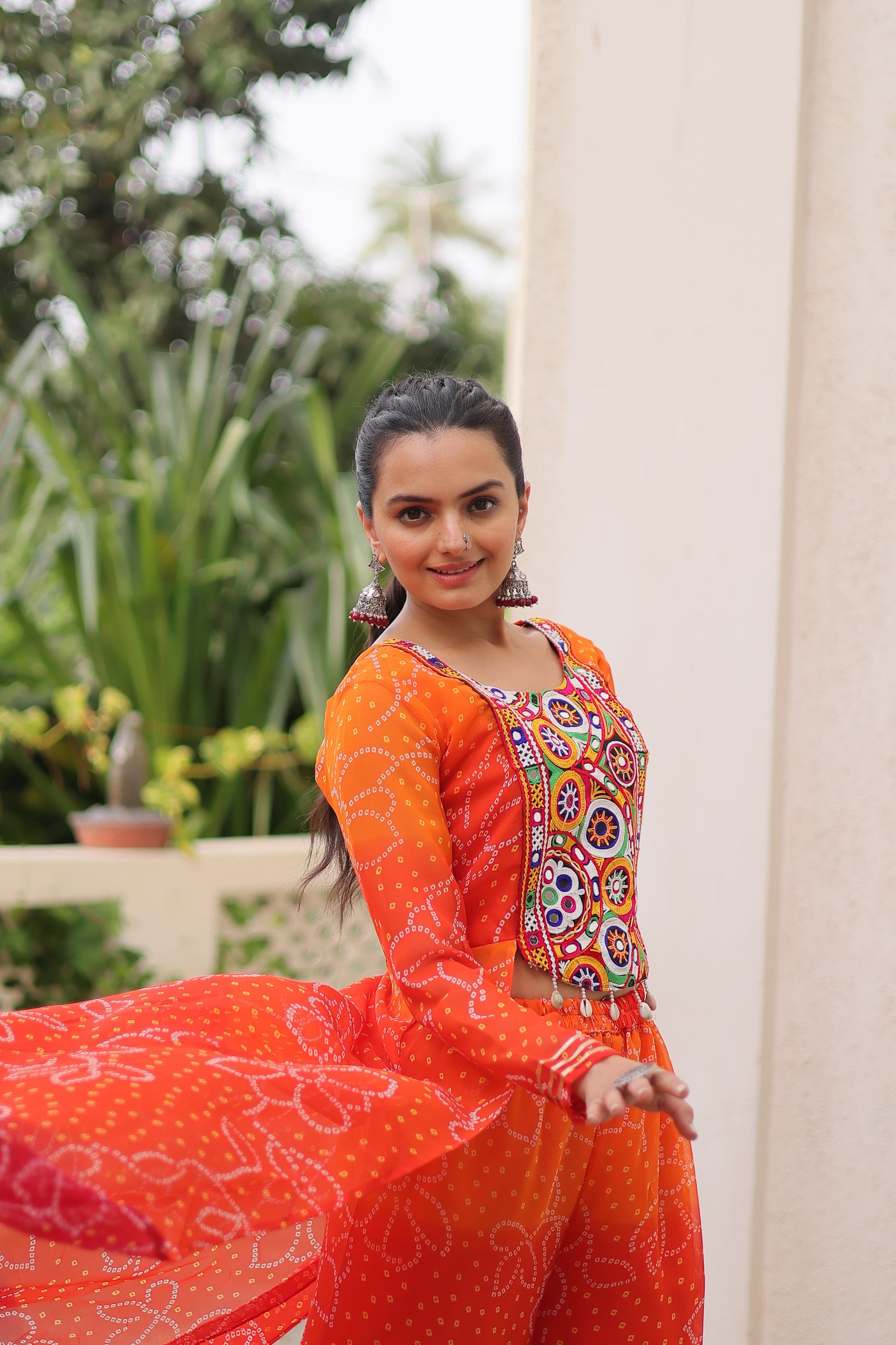 Prazu Fashion Orange Georgette Bandhani Print Gamthi Patchwork Suit For Navratri