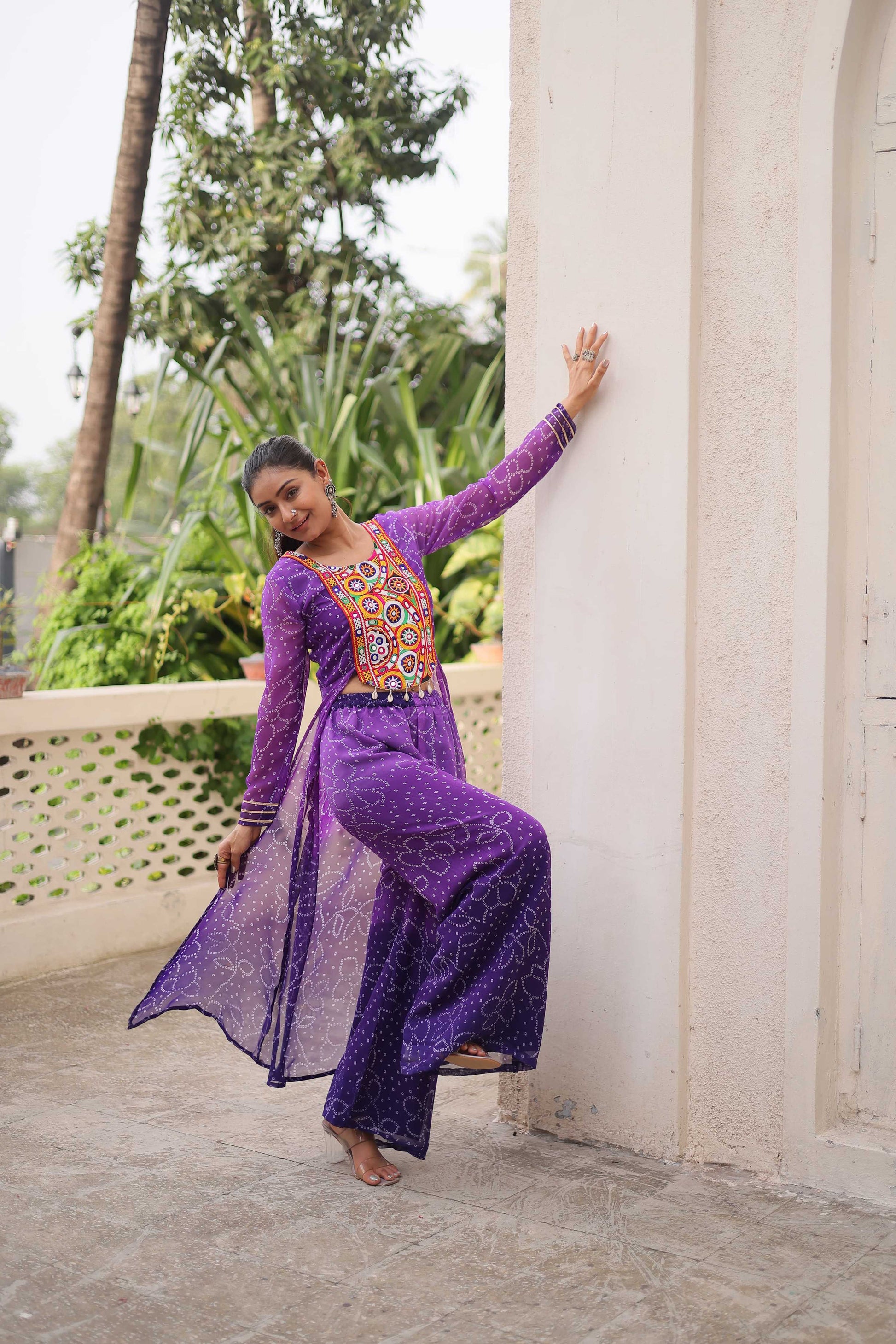 Prazu Fashion Violet Georgette Bandhani Print Gamthi Patchwork Suit For Navratri
