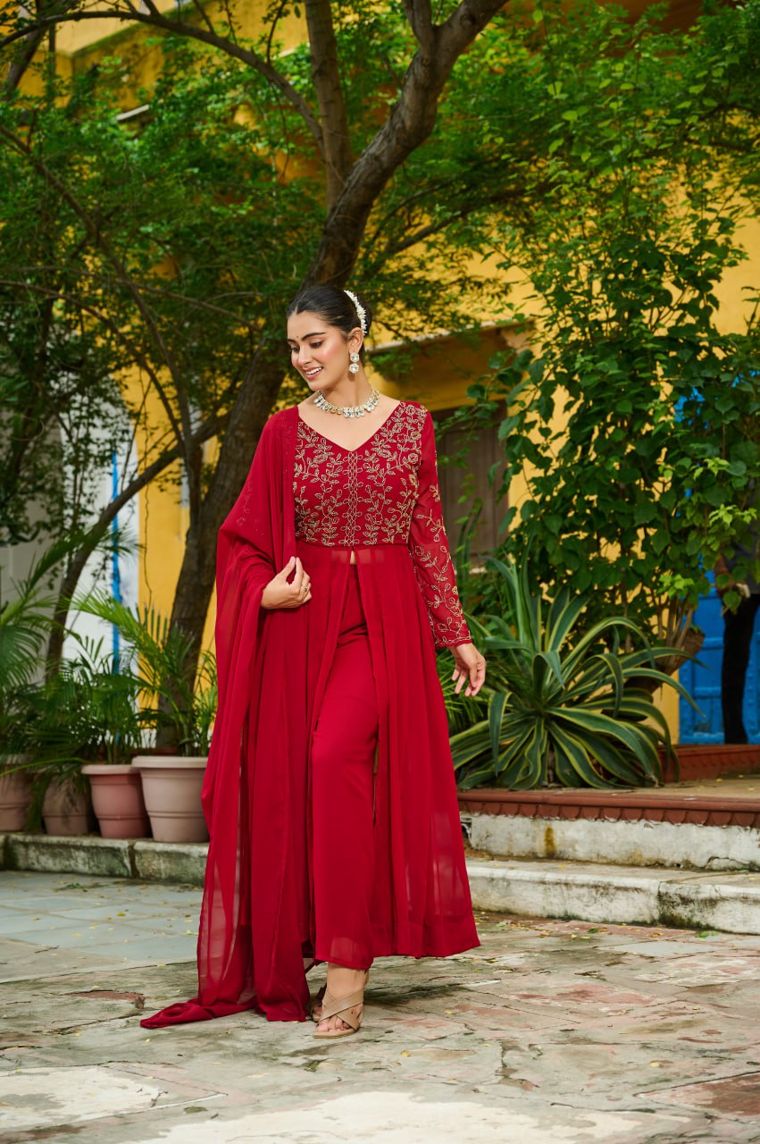 Prazu Fashion Maroon Wine Georgette Multithreaded Beads Embroidered Salwar Suit