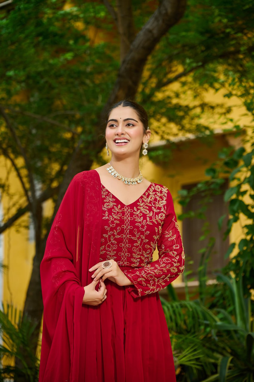 Prazu Fashion Maroon Wine Georgette Multithreaded Beads Embroidered Salwar Suit