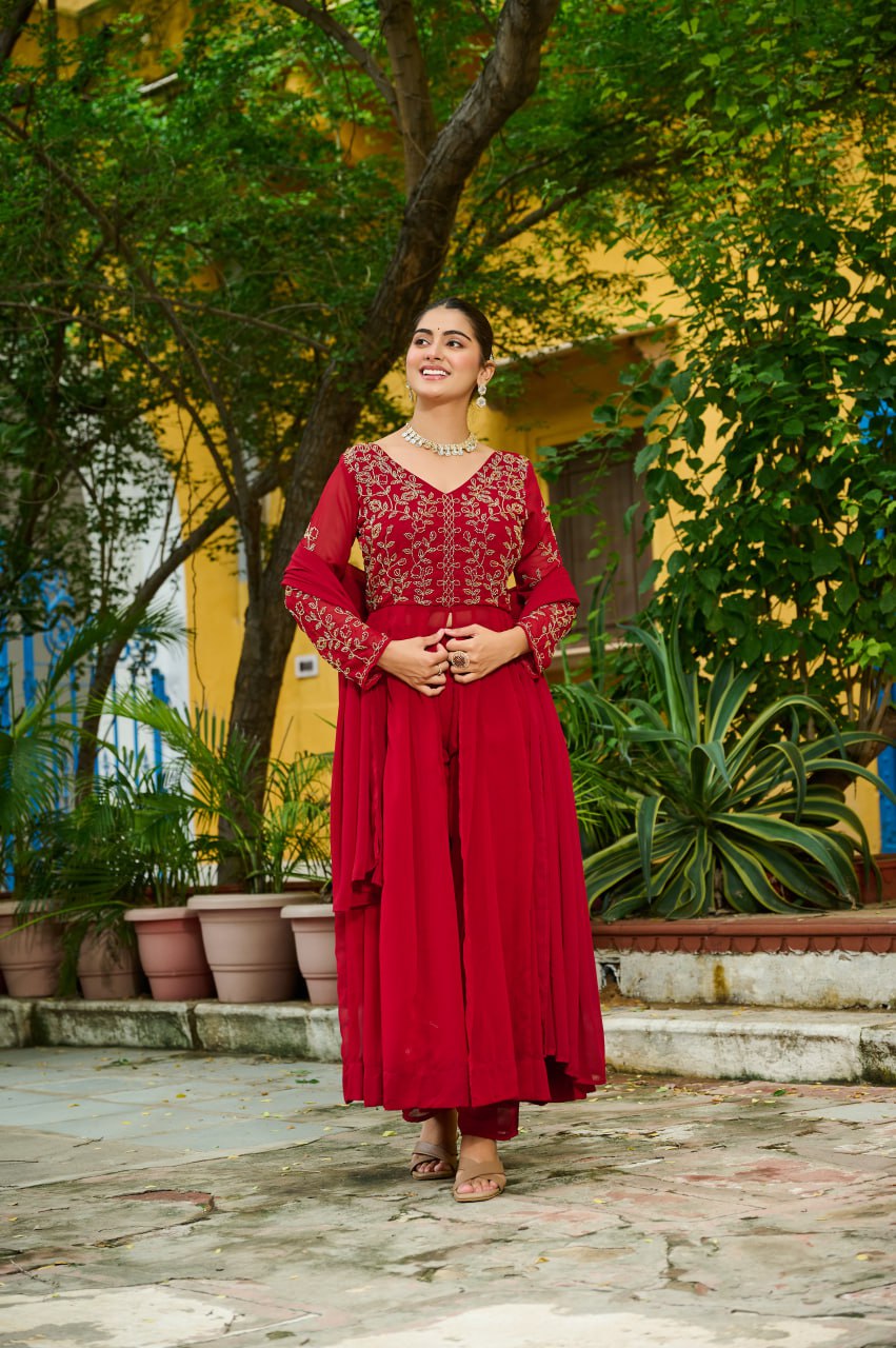 Prazu Fashion Maroon Wine Georgette Multithreaded Beads Embroidered Salwar Suit