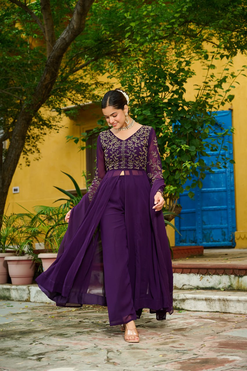 Prazu Fashion Wine Georgette Multithreaded Beads Embroidered Salwar Suit