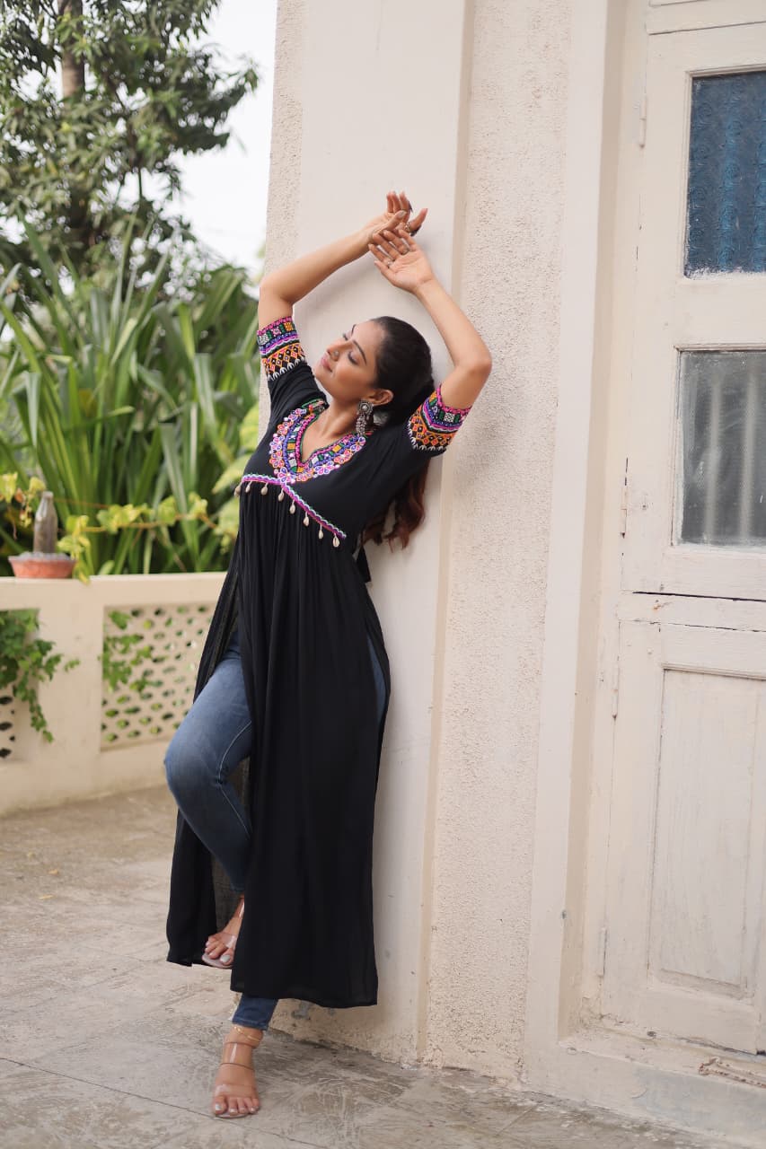 Prazu Fashion Black Rayon With Kutchi Gamthi Work Navratri Kurti