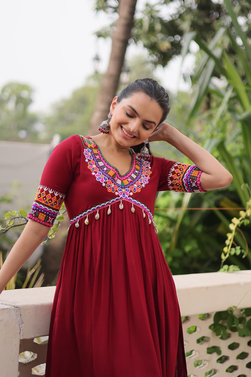 Prazu Fashion Maroon Rayon With Kutchi Gamthi Work Navratri Kurti
