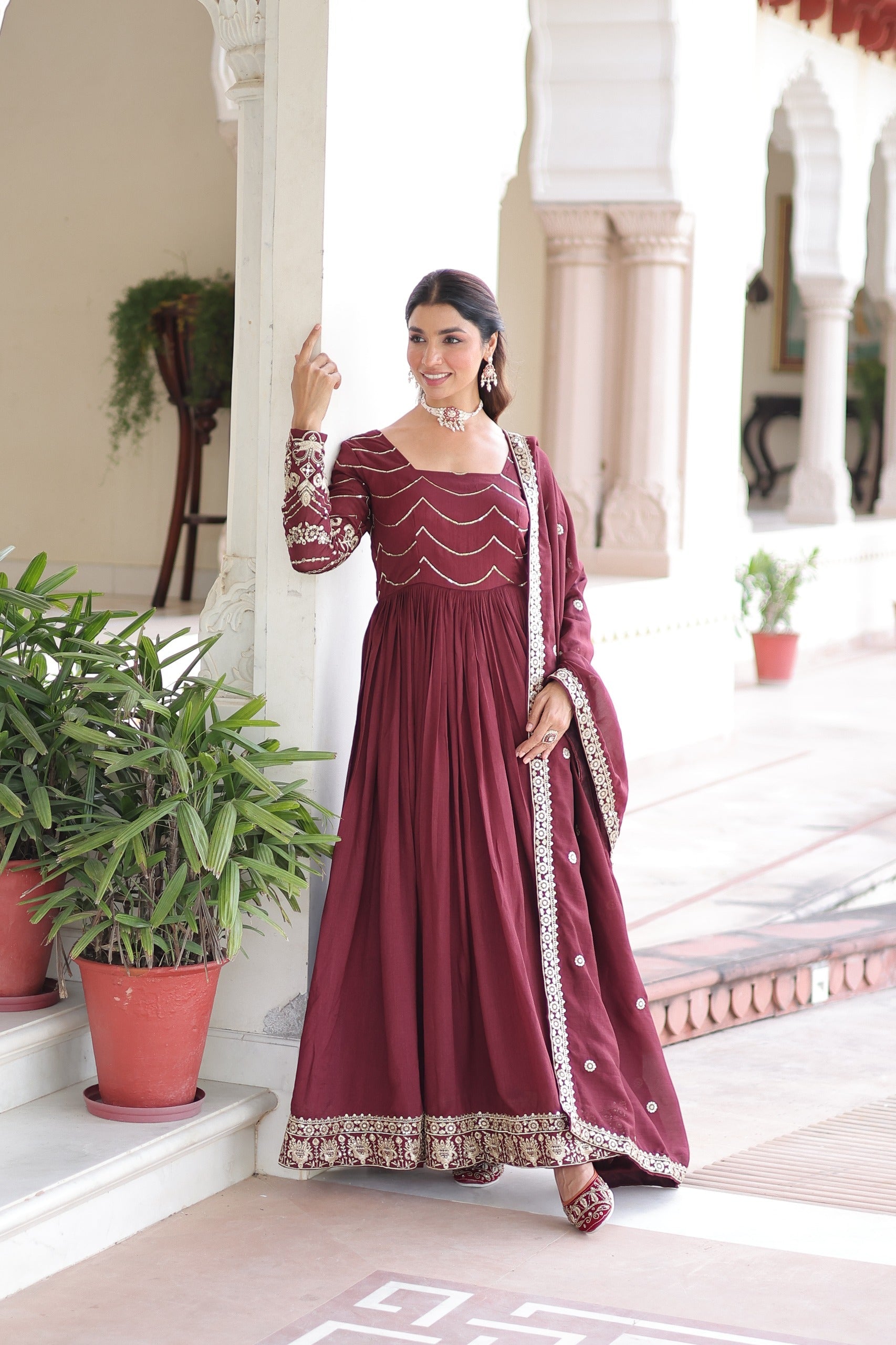 Prazu Fashion Brown Vichitra Silk Rich Sequins Embroidered Work Gown With Dupatta