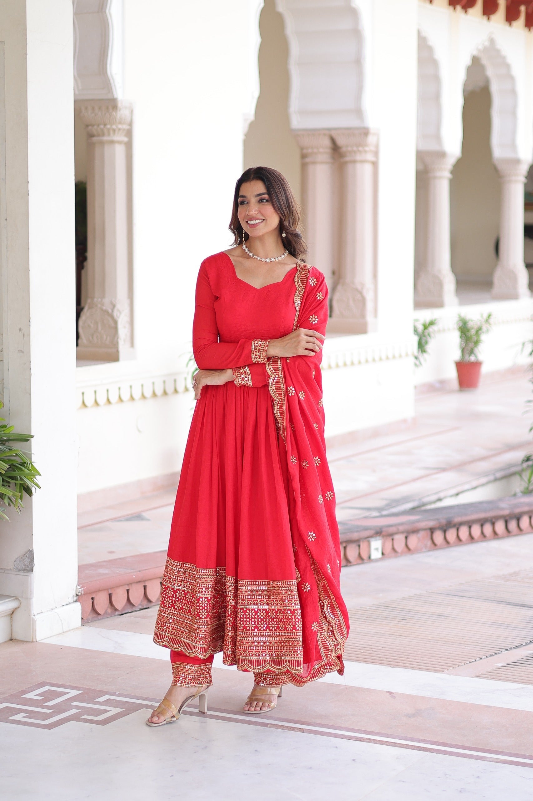 Prazu Fashion Red Vichitra Silk With Rich Sequins Embroidered Work Anarkali Suit