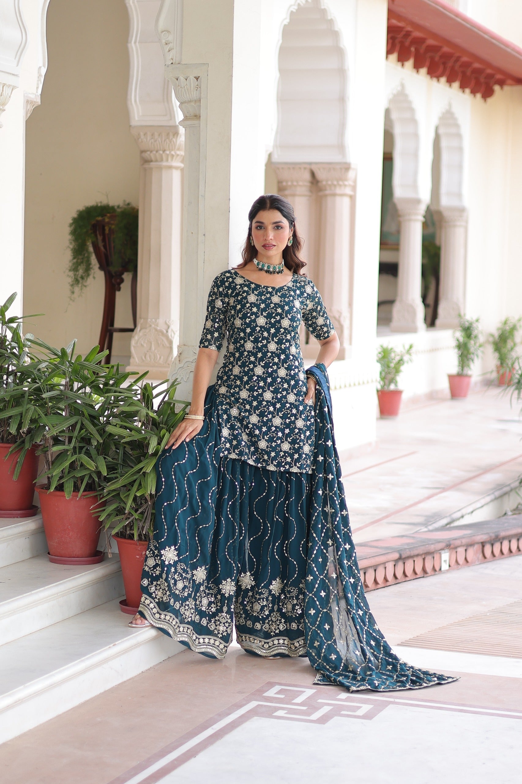 Prazu Fashion Blue Georgette With Rich Sequins Embroidered Work Sharara Suit