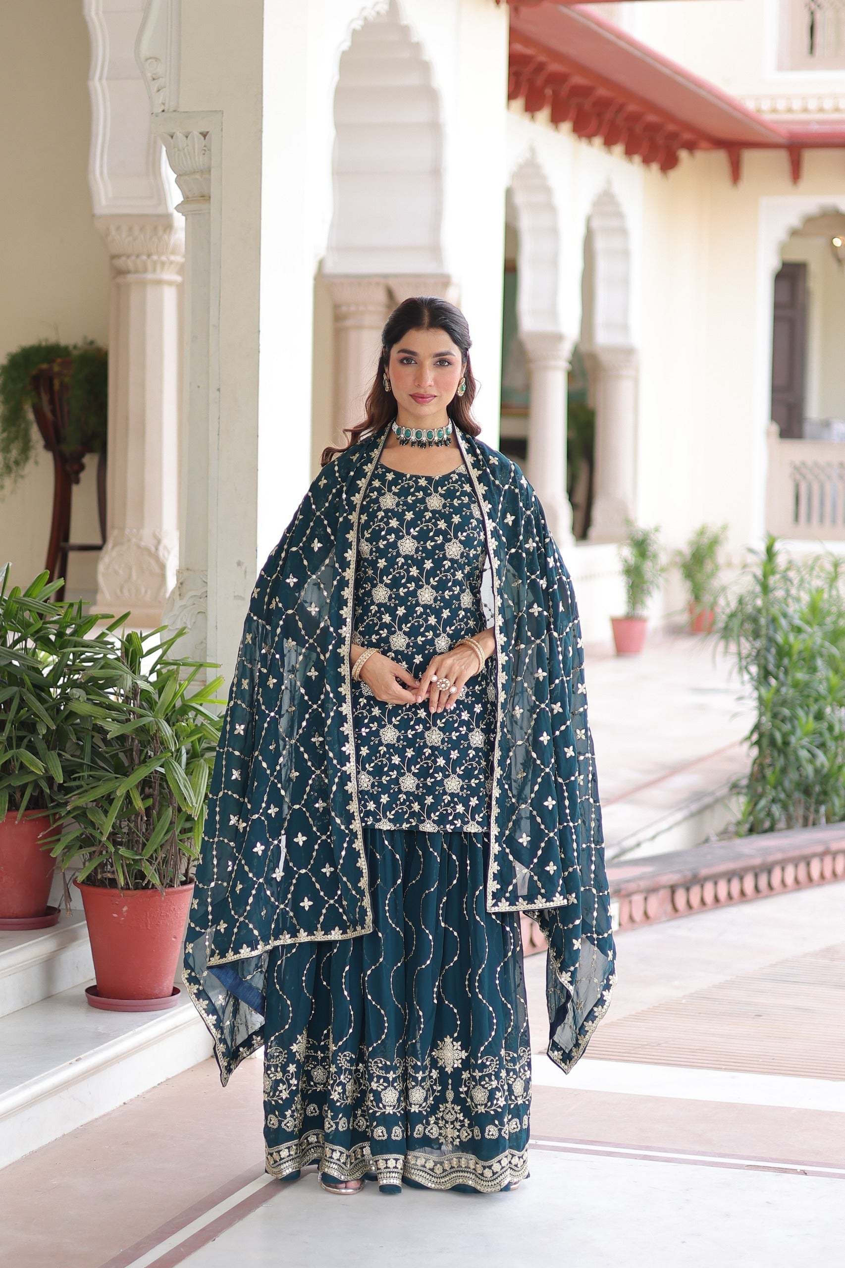Prazu Fashion Blue Georgette With Rich Sequins Embroidered Work Sharara Suit