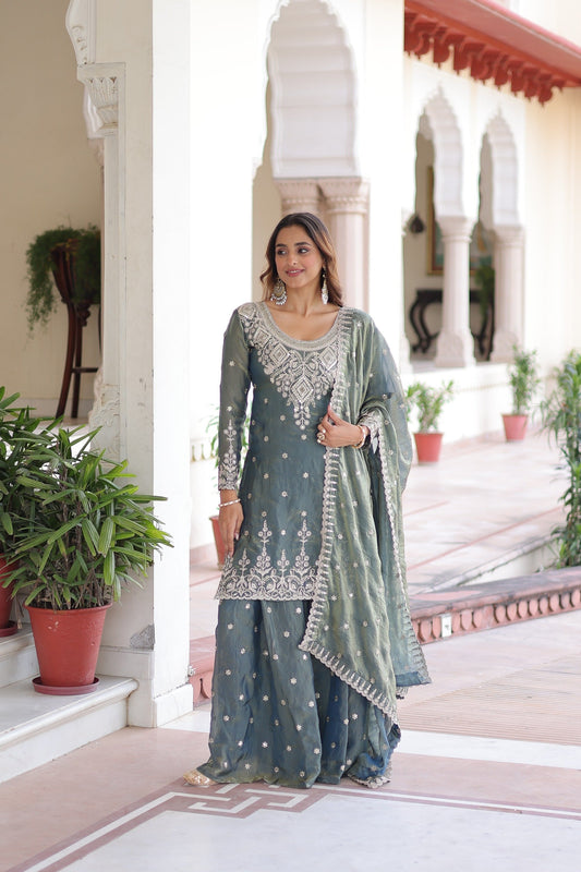 Prazu Fashion Light Grey Fendi Silk Coding Sequins Embroidered Work Sharara Suit