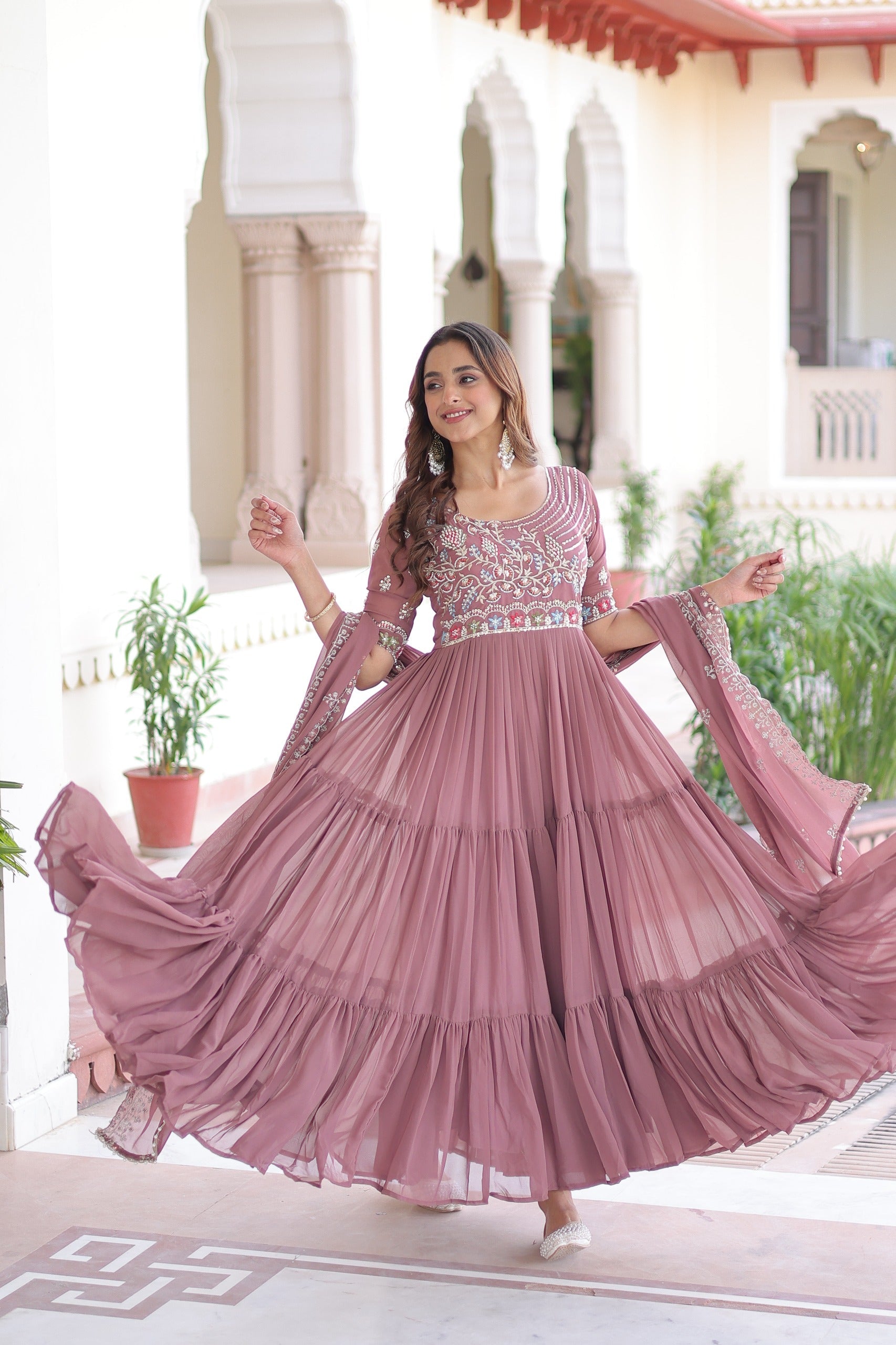 Prazu Fashion Onion Pink Georgette Sequins Multithreaded Beads Gown With Dupatta