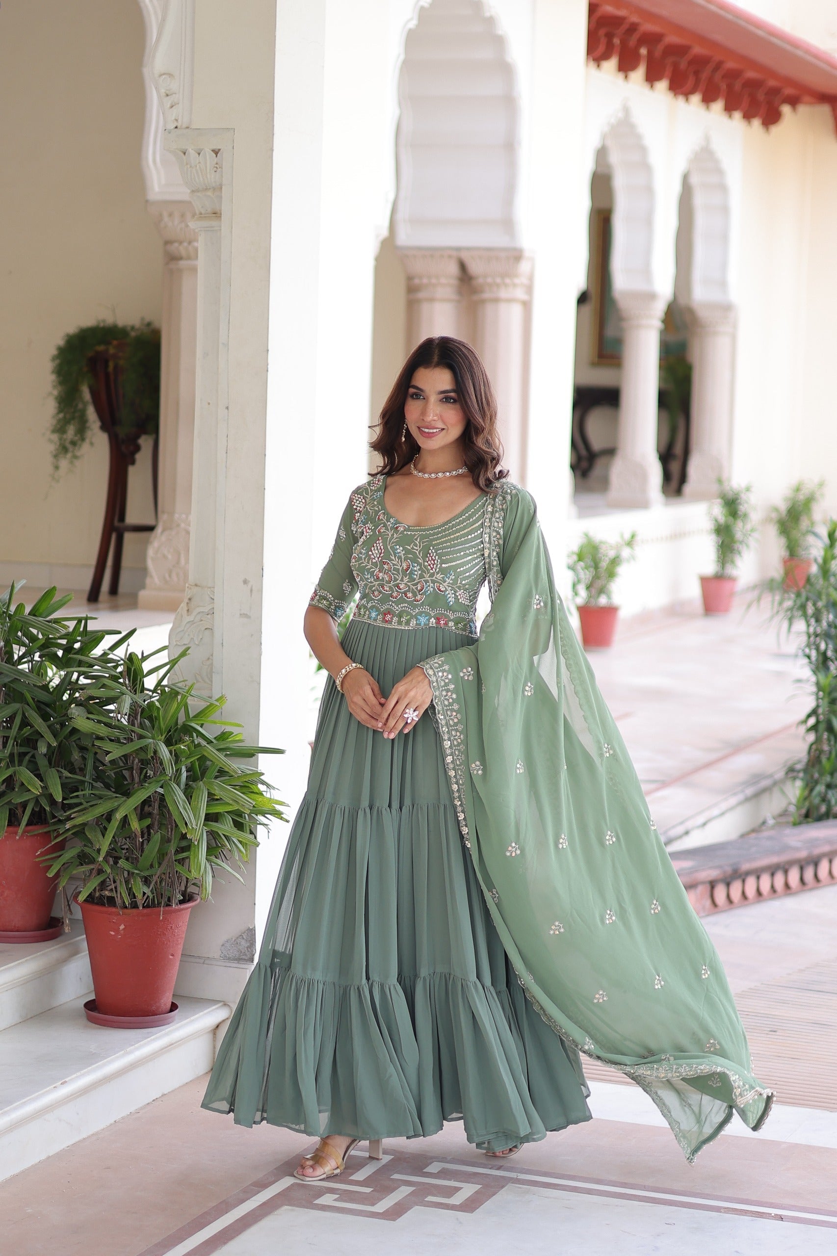 Prazu Fashion Sea Green Georgette Sequins Multithreaded Beads Gown With Dupatta