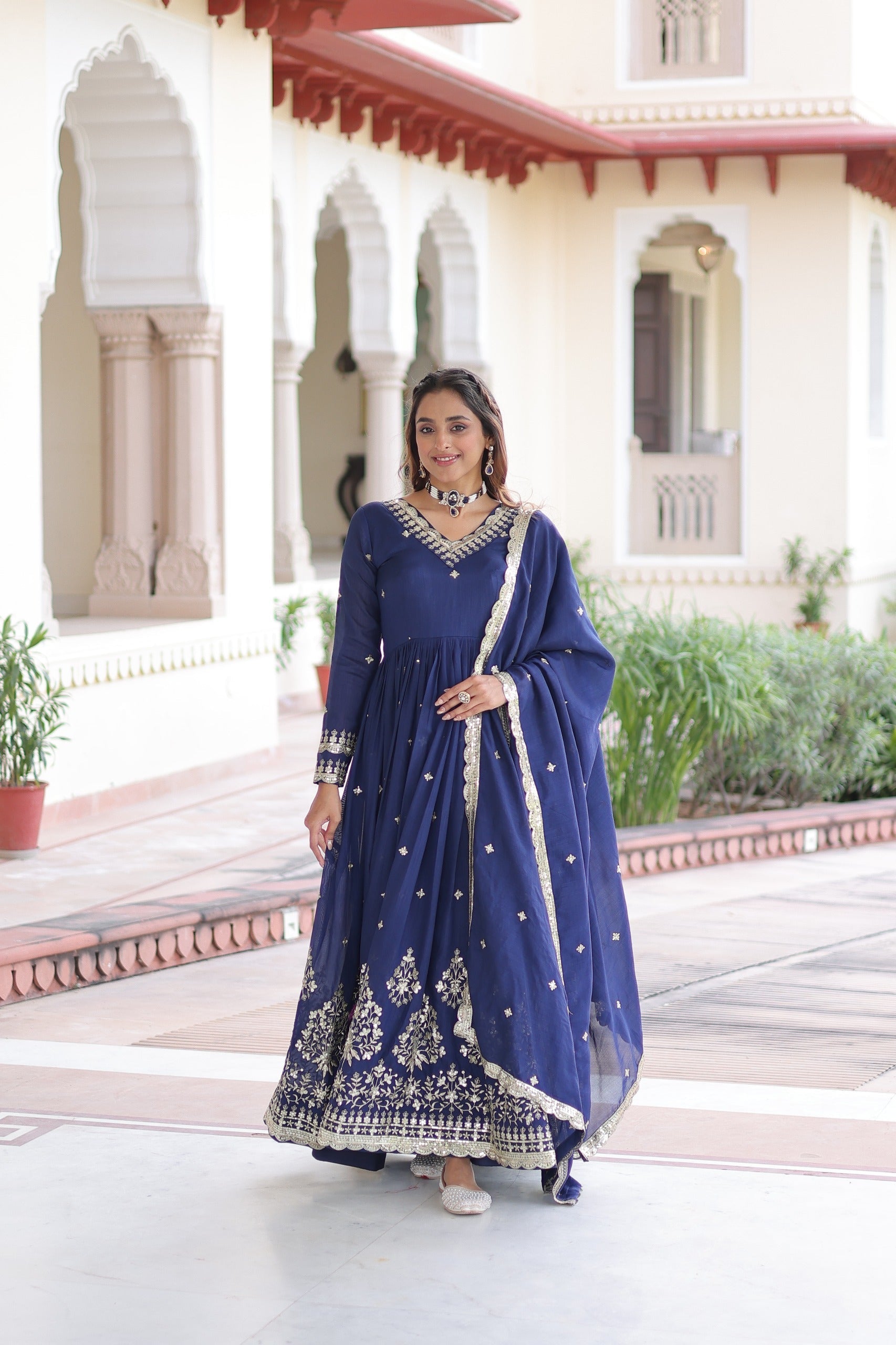 Prazu Fashion Blue Vichitra Silk Rich Sequins Embroidered Work Gown With Dupatta
