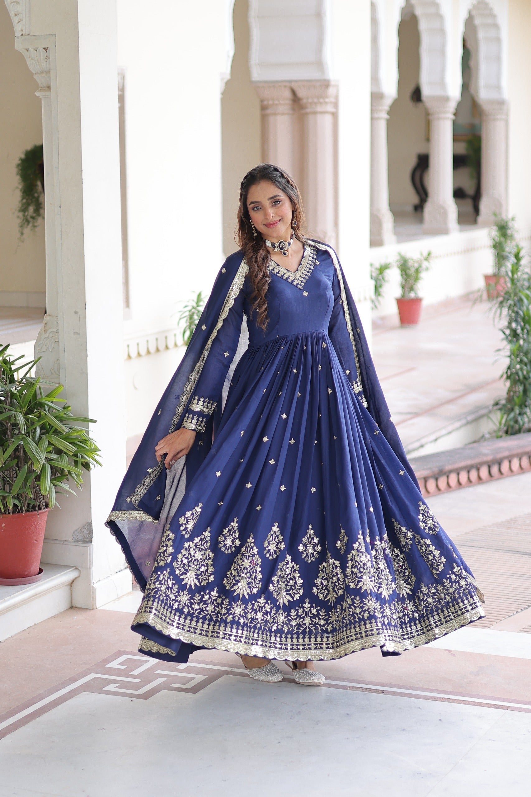 Prazu Fashion Blue Vichitra Silk Rich Sequins Embroidered Work Gown With Dupatta
