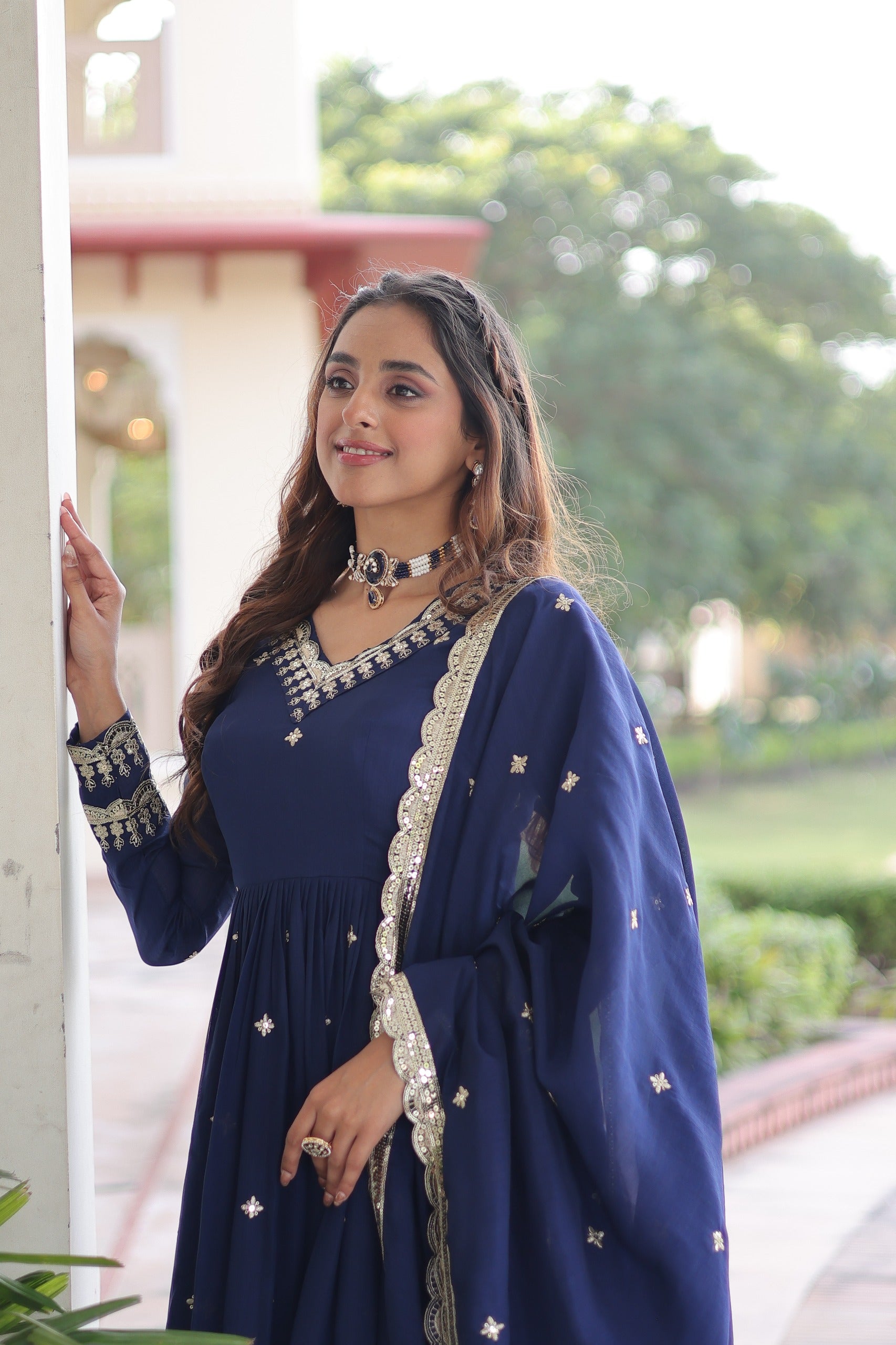 Prazu Fashion Blue Vichitra Silk Rich Sequins Embroidered Work Gown With Dupatta