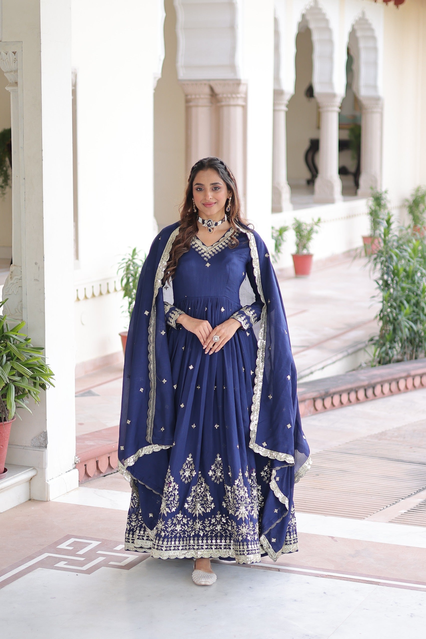Prazu Fashion Blue Vichitra Silk Rich Sequins Embroidered Work Gown With Dupatta