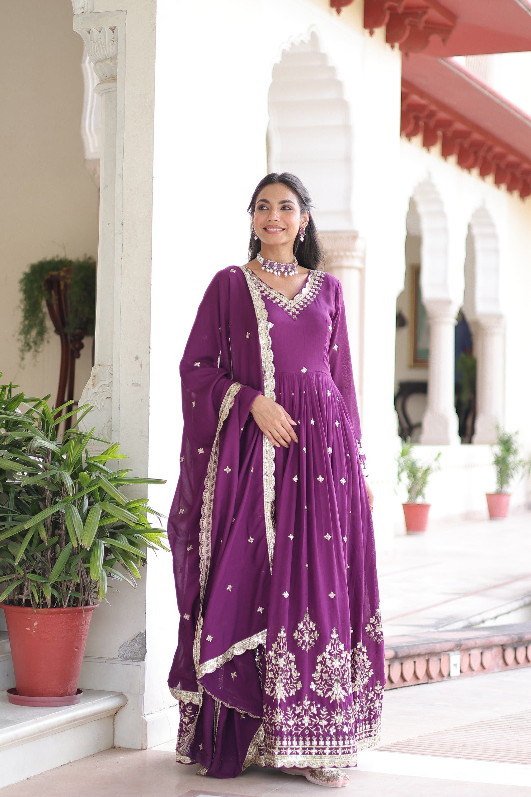 Prazu Fashion Wine Vichitra Silk Rich Sequins Embroidered Work Gown With Dupatta