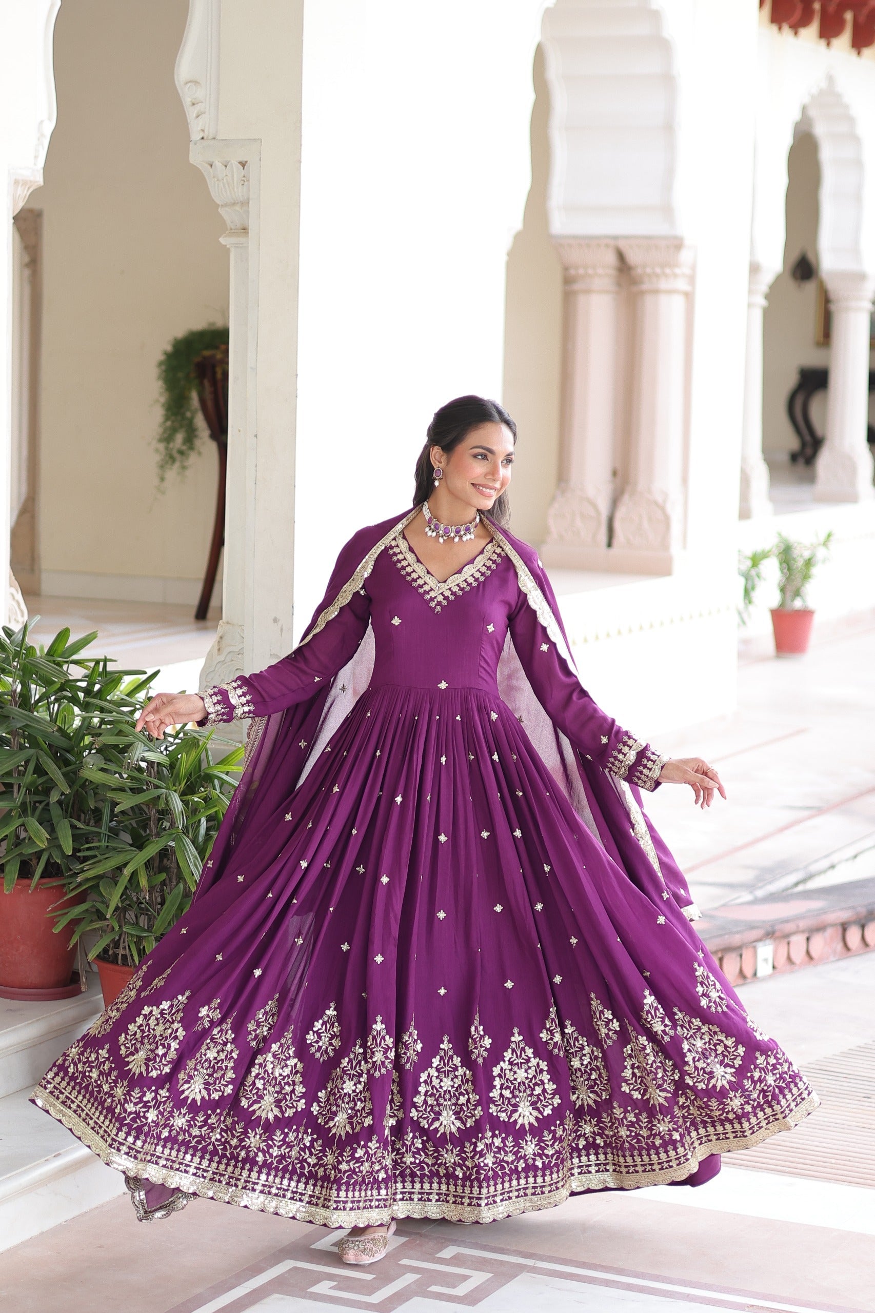 Prazu Fashion Wine Vichitra Silk Rich Sequins Embroidered Work Gown With Dupatta