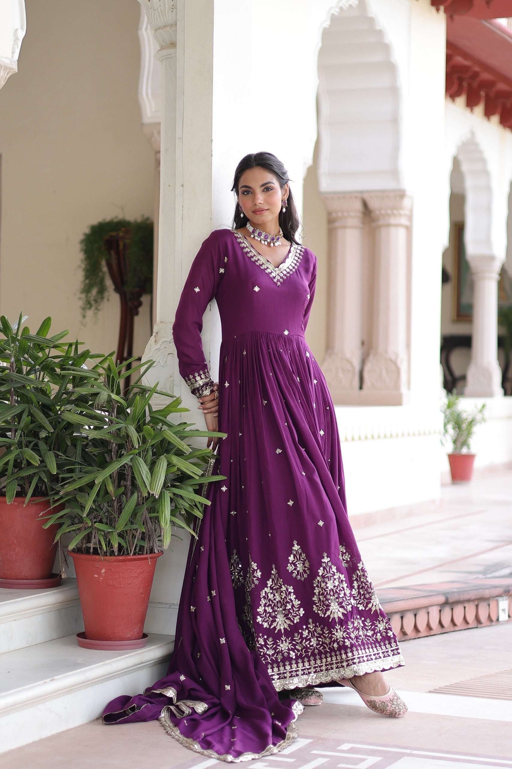 Prazu Fashion Wine Vichitra Silk Rich Sequins Embroidered Work Gown With Dupatta