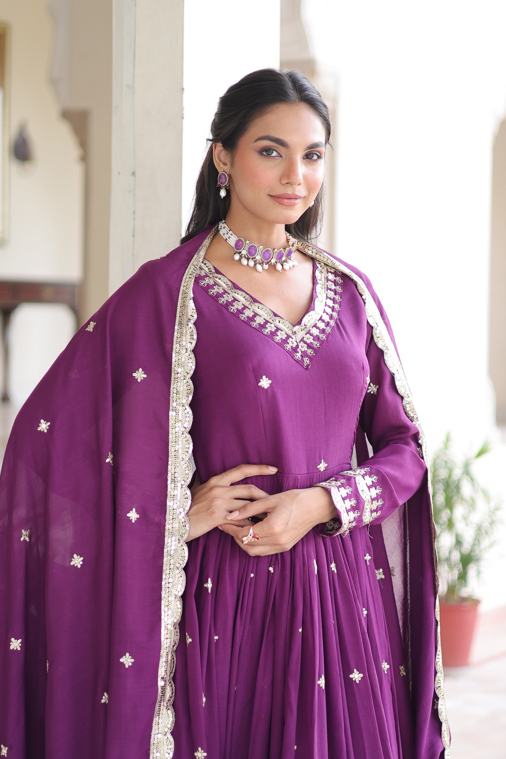 Prazu Fashion Wine Vichitra Silk Rich Sequins Embroidered Work Gown With Dupatta