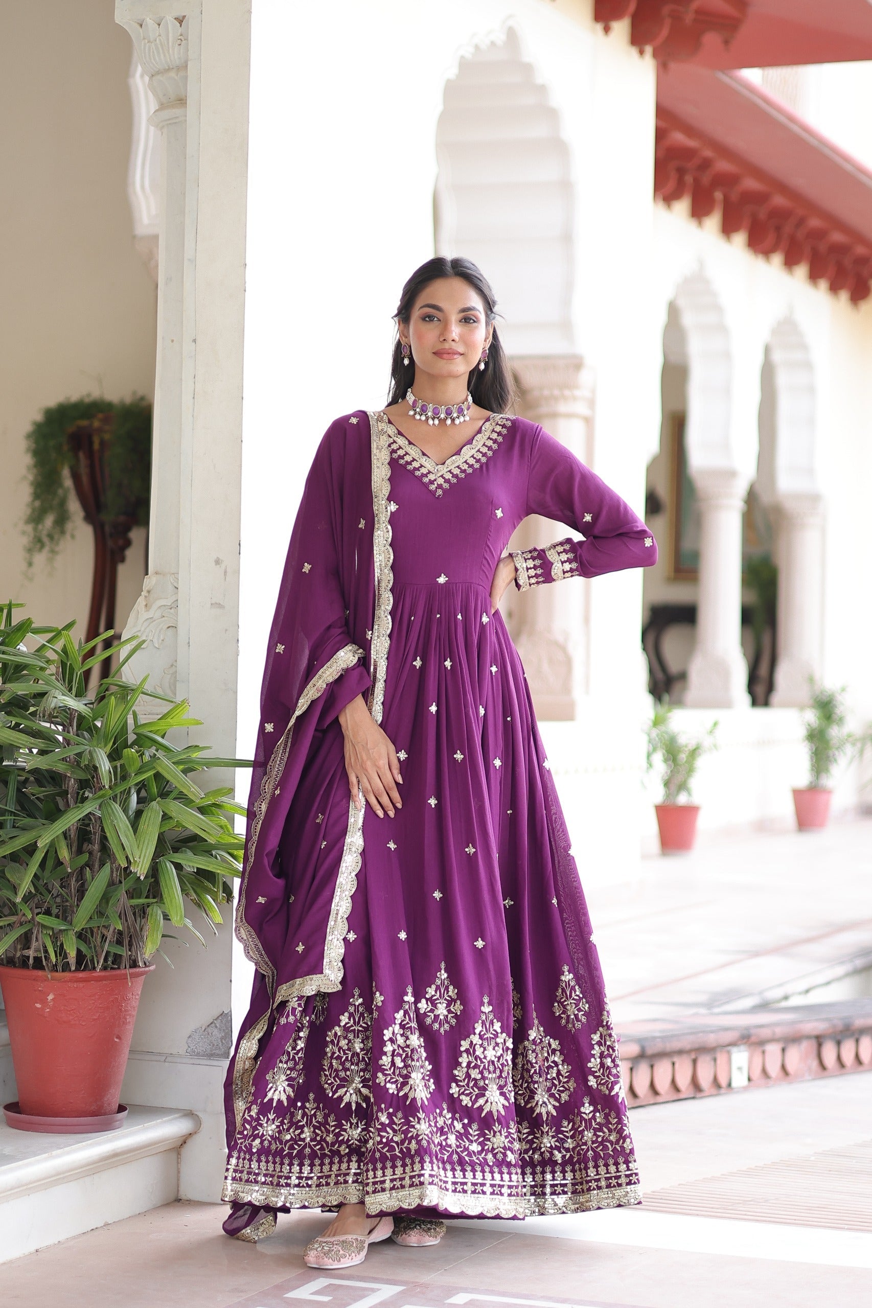 Prazu Fashion Wine Vichitra Silk Rich Sequins Embroidered Work Gown With Dupatta