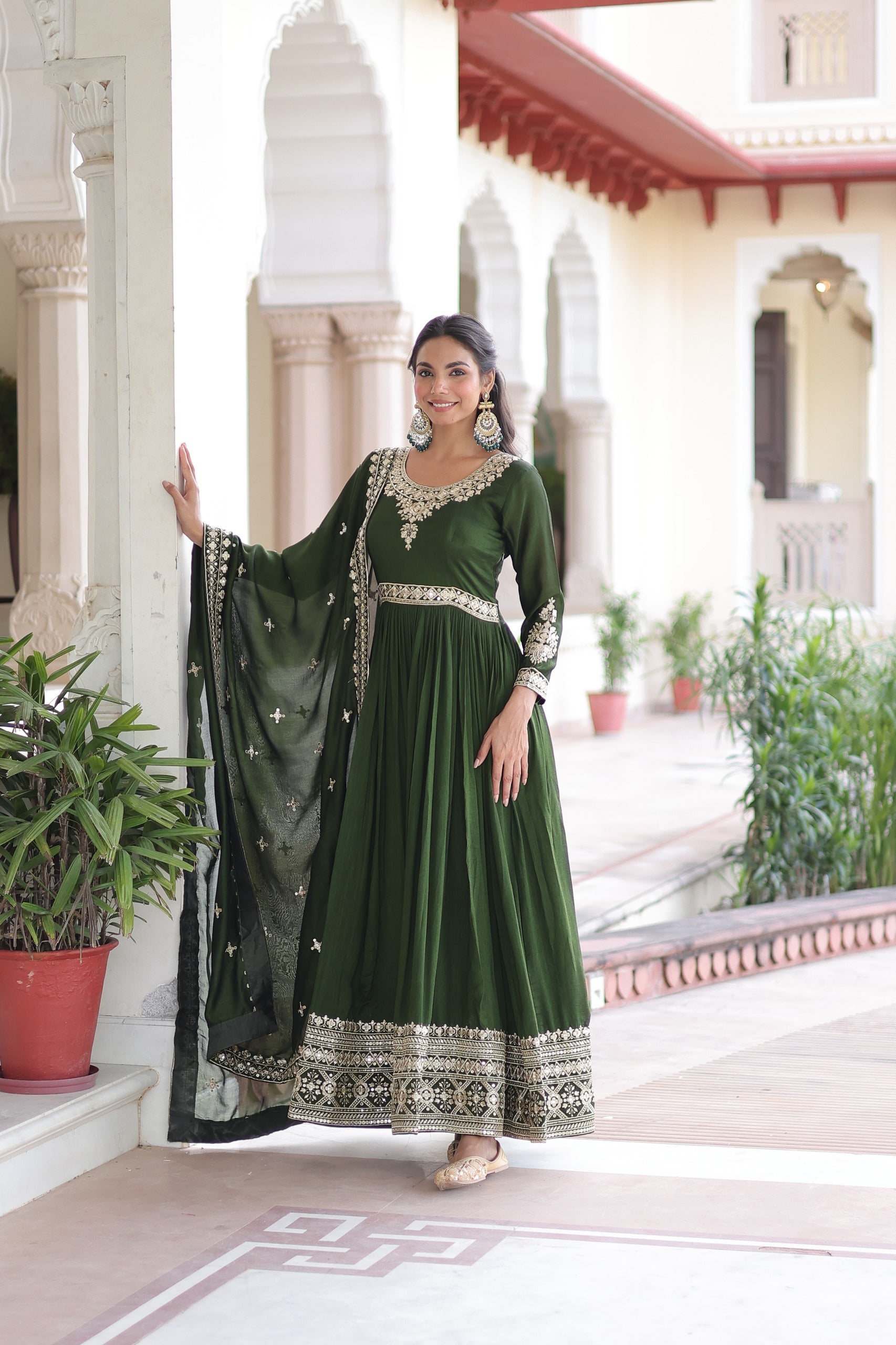 Prazu Fashion Mahendi Vichitra Silk With Rich Sequins Embroidered Gown With Dupatta