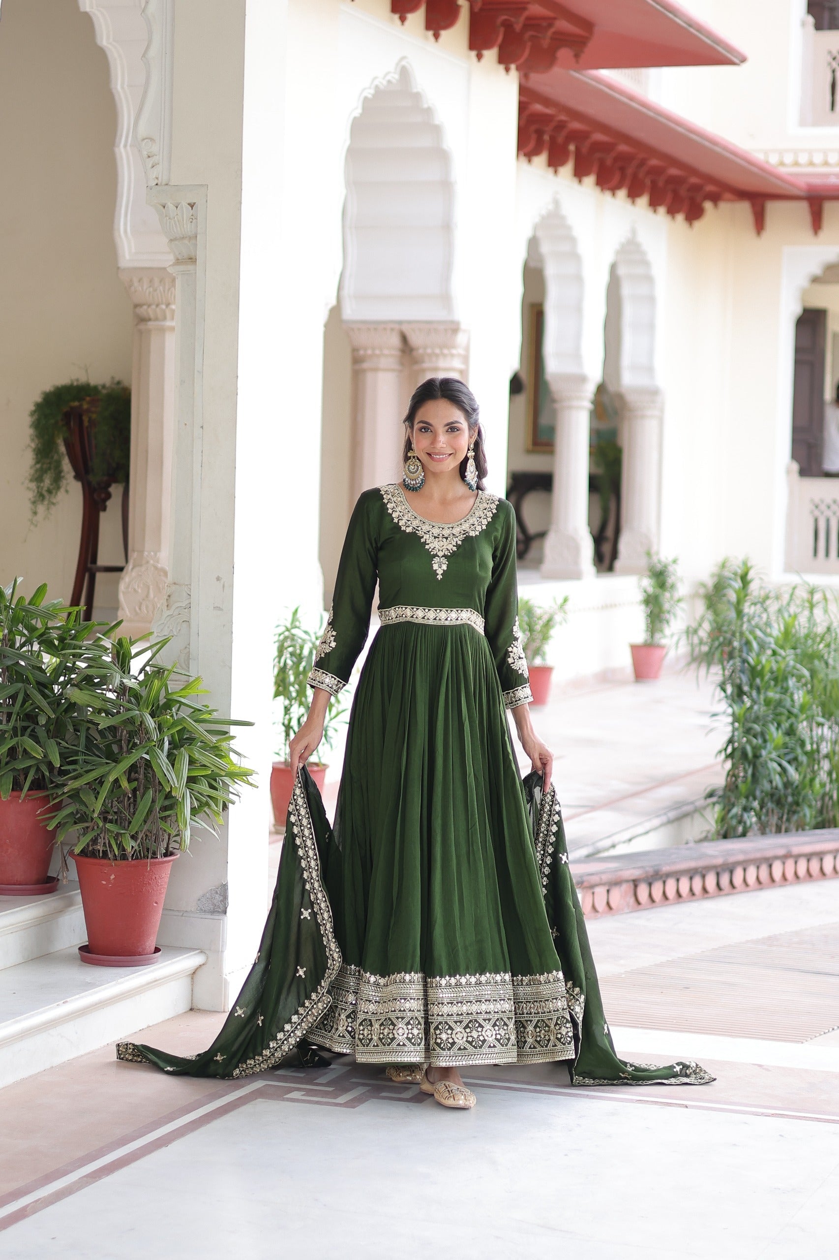 Prazu Fashion Mahendi Vichitra Silk With Rich Sequins Embroidered Gown With Dupatta