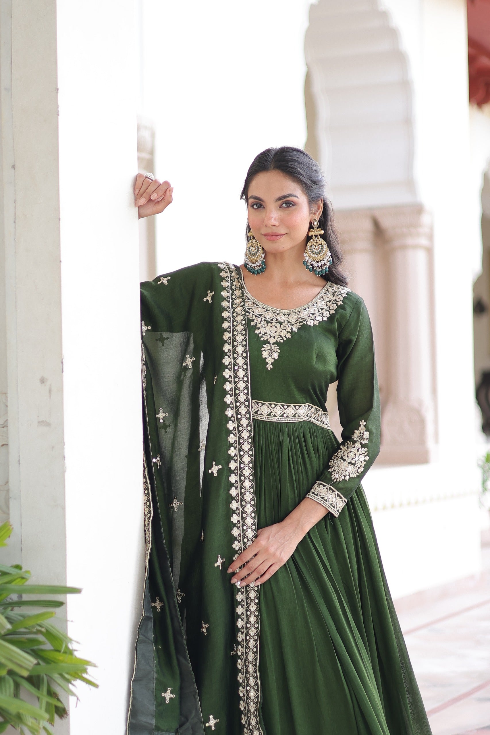 Prazu Fashion Mahendi Vichitra Silk With Rich Sequins Embroidered Gown With Dupatta