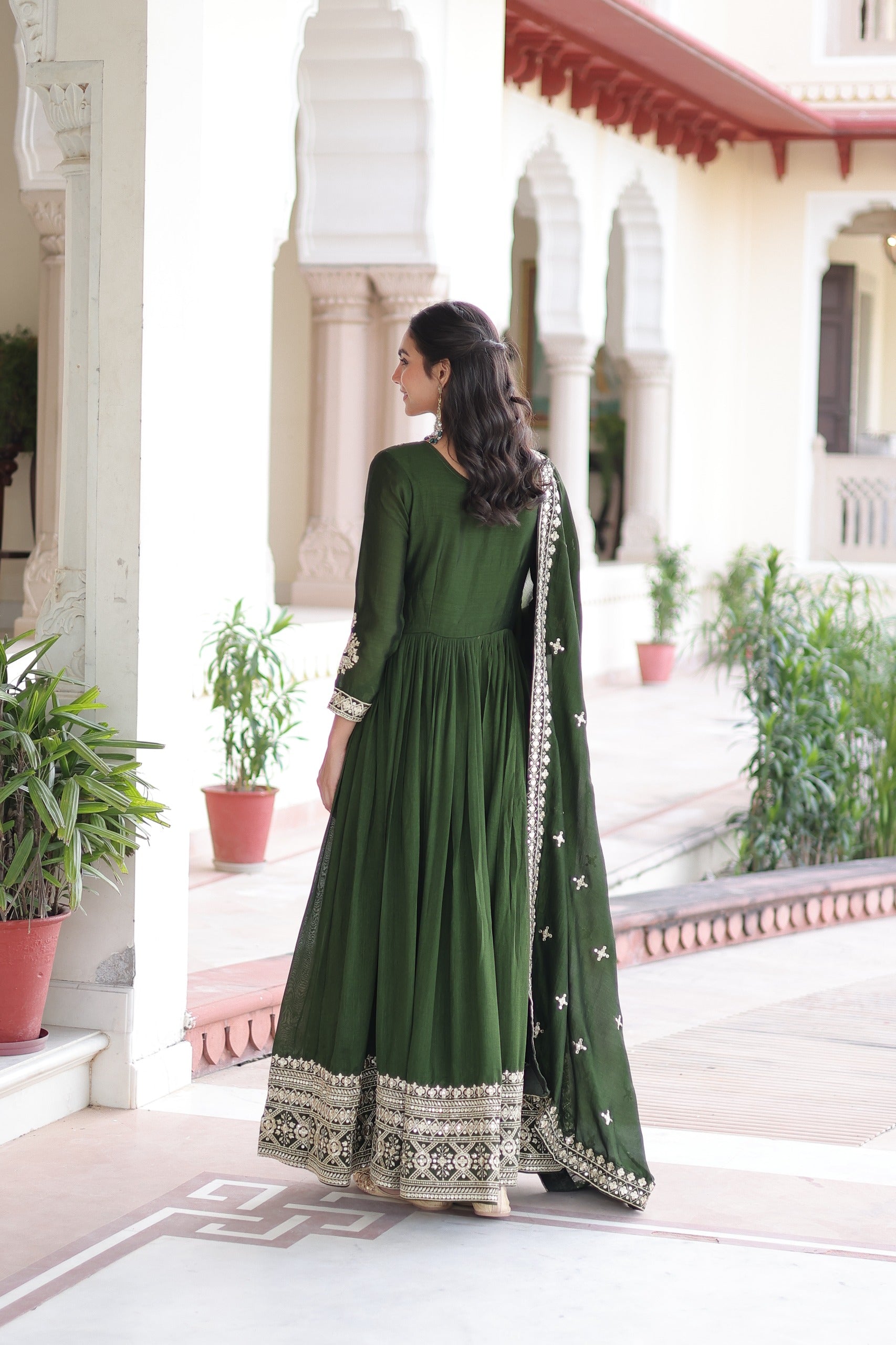 Prazu Fashion Mahendi Vichitra Silk With Rich Sequins Embroidered Gown With Dupatta