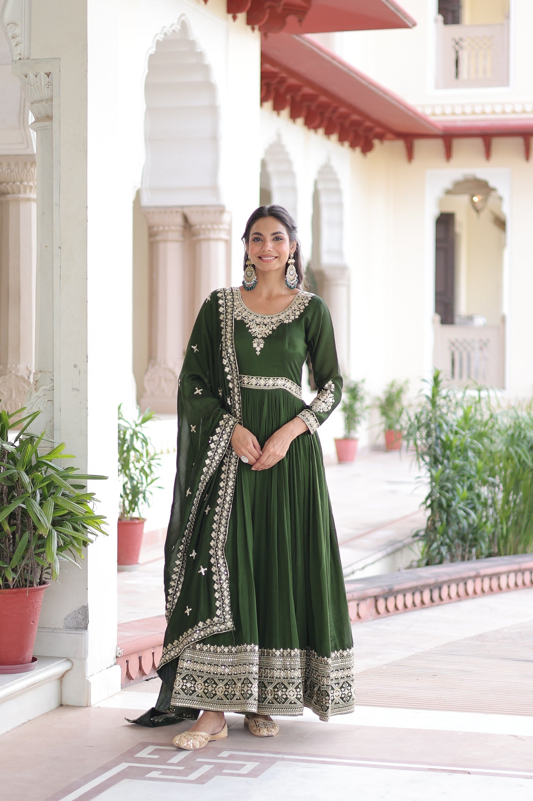 Prazu Fashion Mahendi Vichitra Silk With Rich Sequins Embroidered Gown With Dupatta