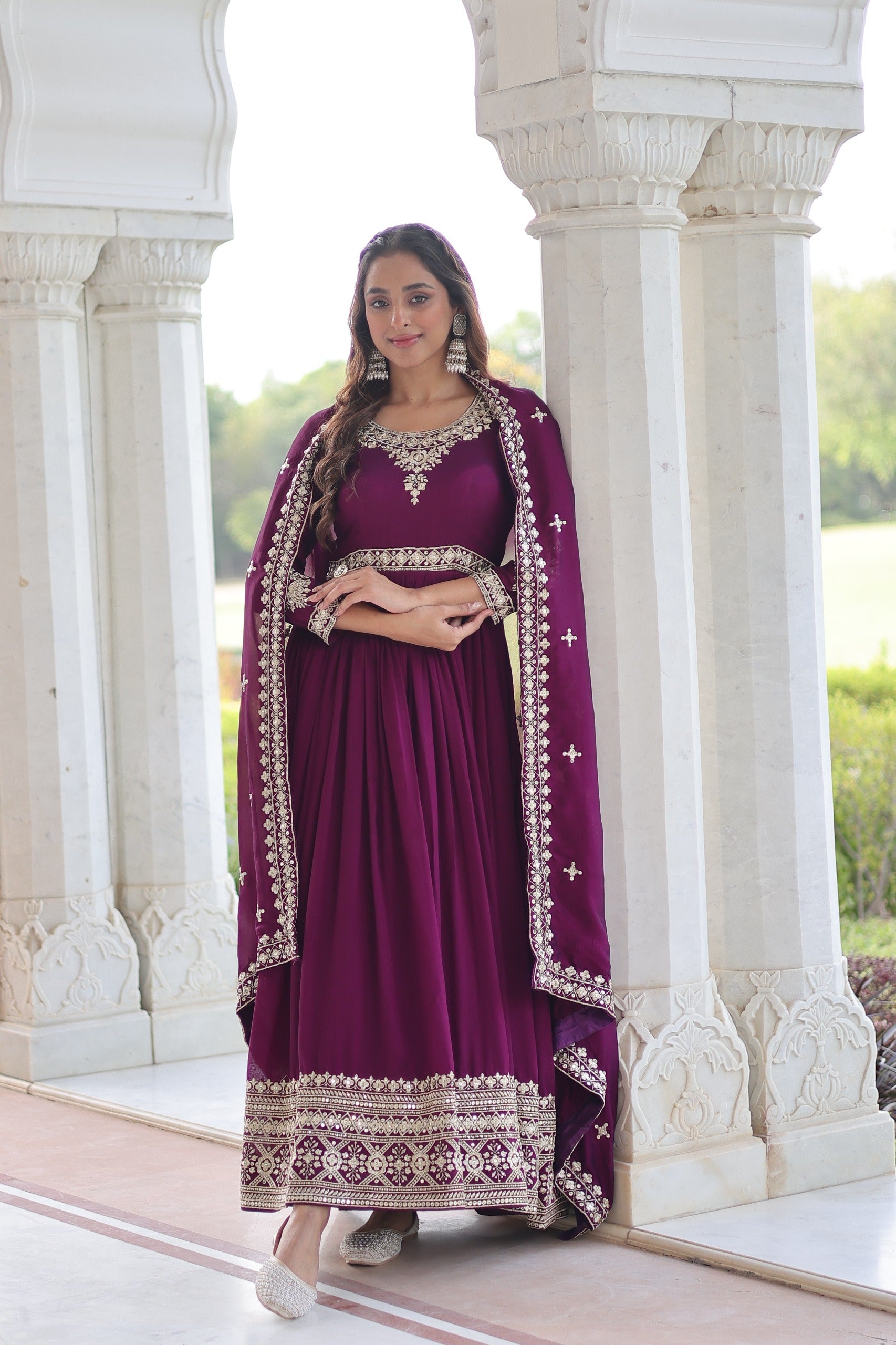 Prazu Fashion Purple Vichitra Silk With Rich Sequins Embroidered Gown With Dupatta