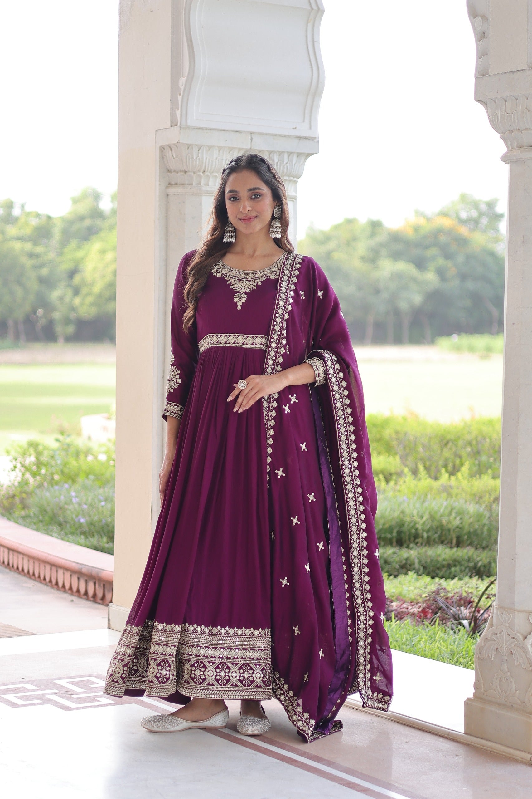 Prazu Fashion Purple Vichitra Silk With Rich Sequins Embroidered Gown With Dupatta