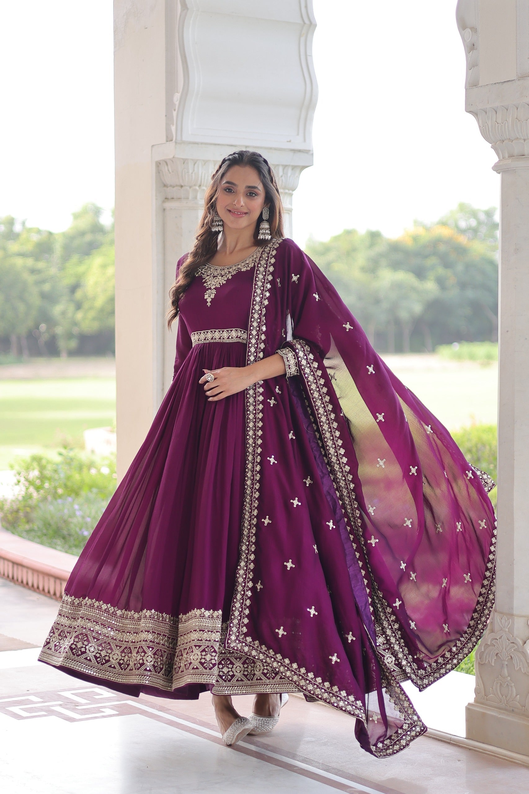 Prazu Fashion Purple Vichitra Silk With Rich Sequins Embroidered Gown With Dupatta