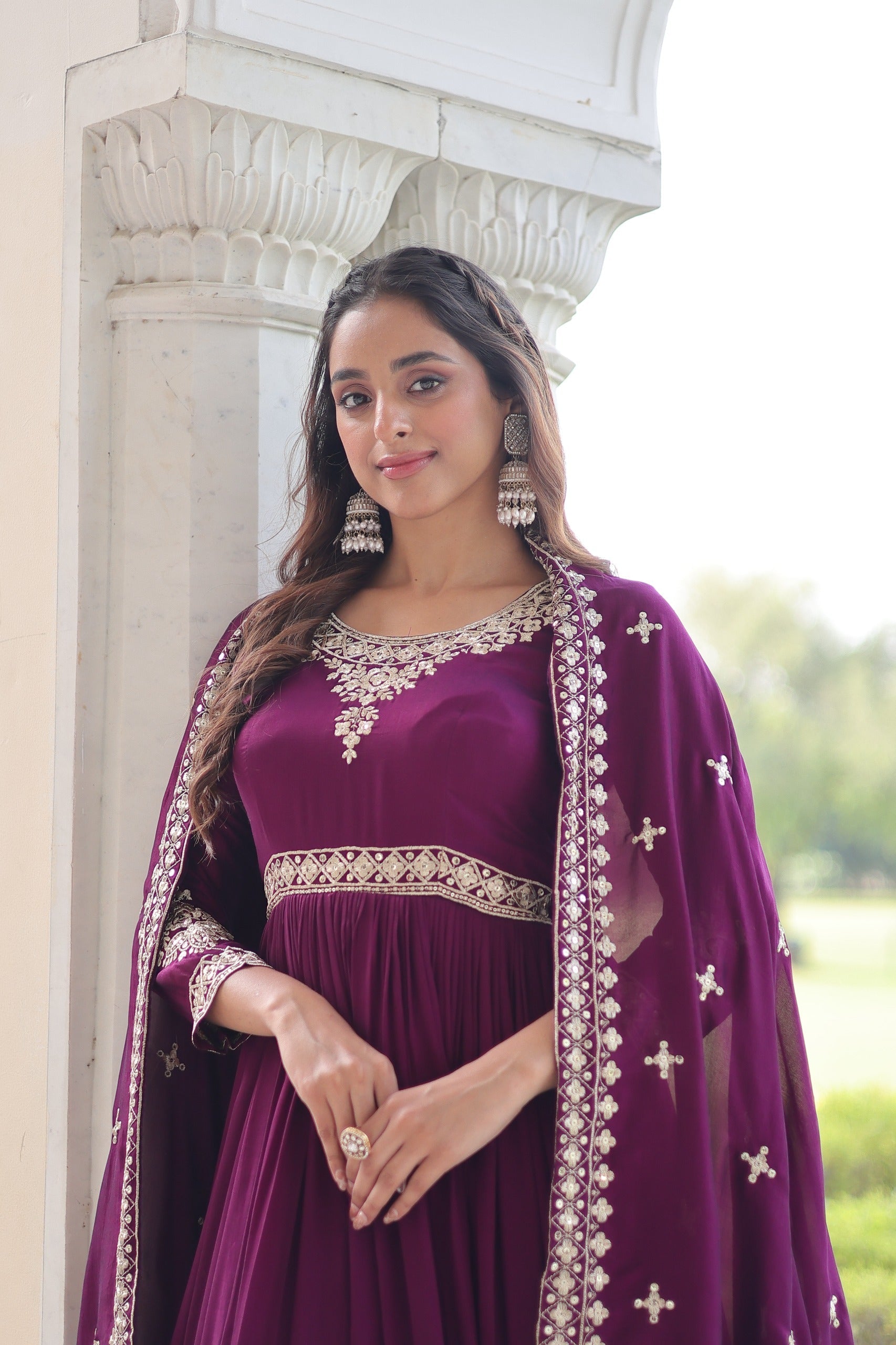 Prazu Fashion Purple Vichitra Silk With Rich Sequins Embroidered Gown With Dupatta