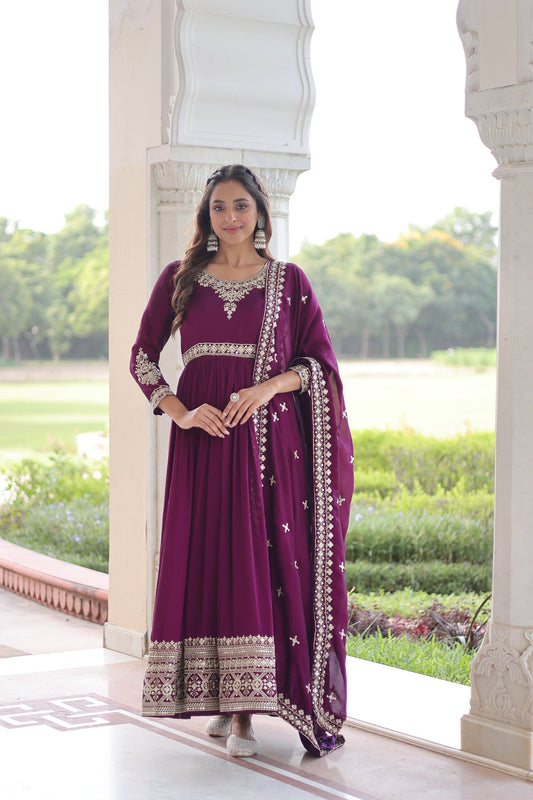 Prazu Fashion Purple Vichitra Silk With Rich Sequins Embroidered Gown With Dupatta
