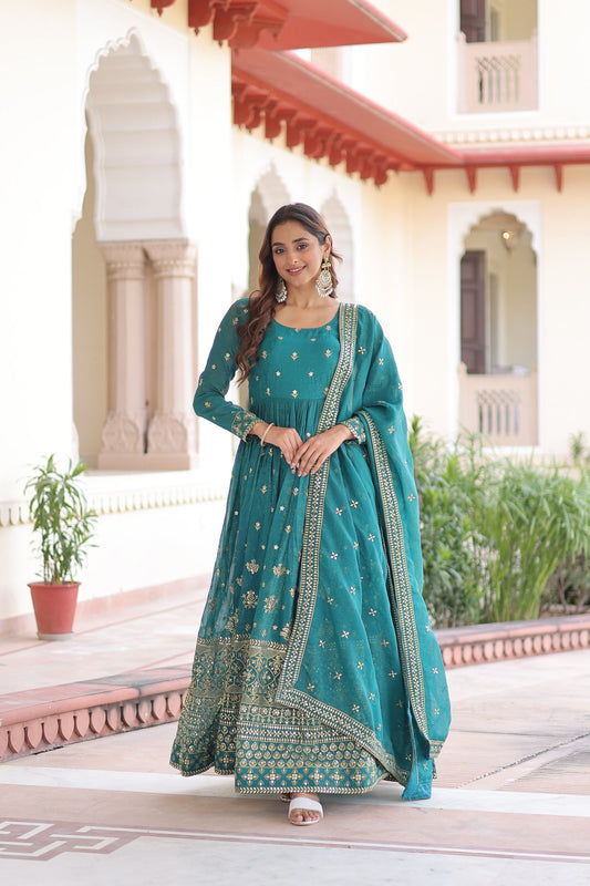 Prazu Fashion Teal Silver Crunchy With Rich Sequins Embroidered Gown With Dupatta
