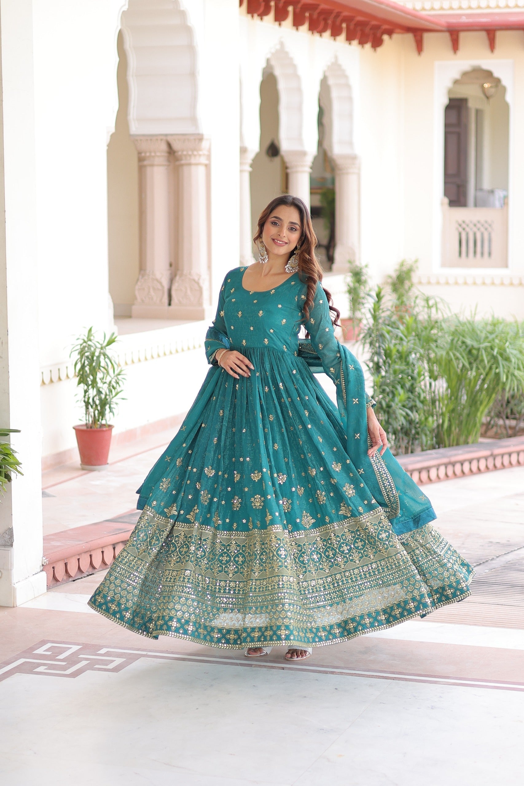 Prazu Fashion Teal Silver Crunchy With Rich Sequins Embroidered Gown With Dupatta