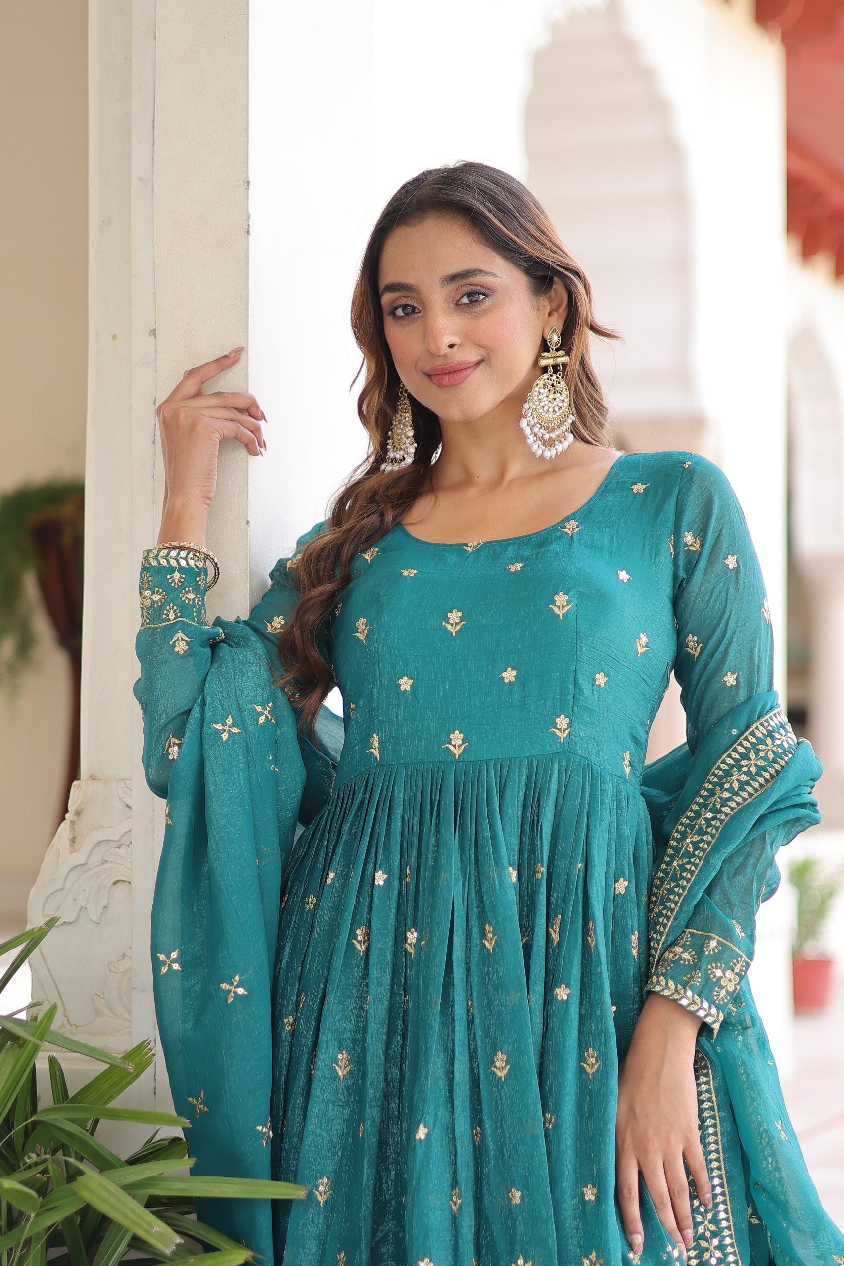 Prazu Fashion Teal Silver Crunchy With Rich Sequins Embroidered Gown With Dupatta