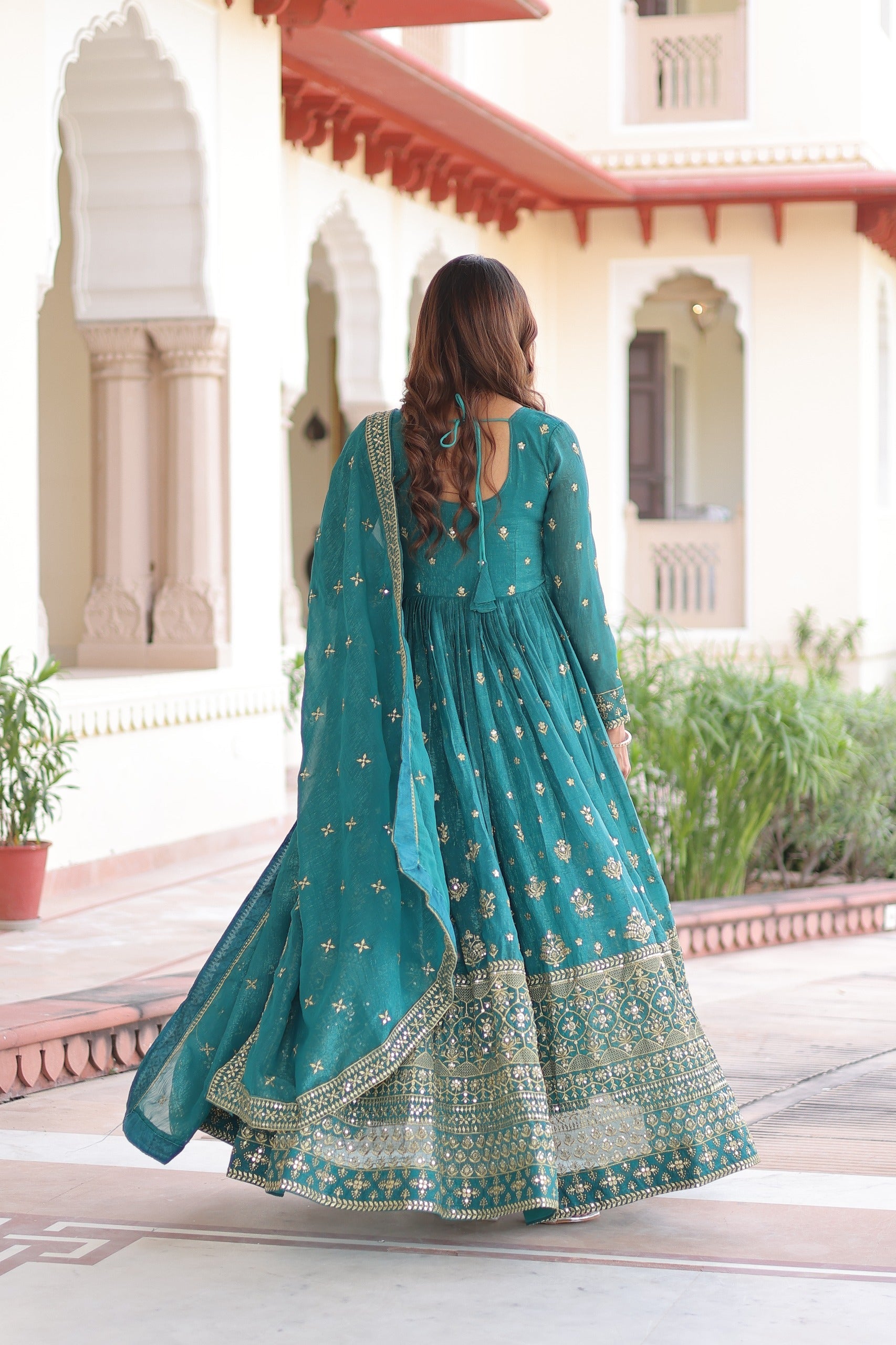 Prazu Fashion Teal Silver Crunchy With Rich Sequins Embroidered Gown With Dupatta
