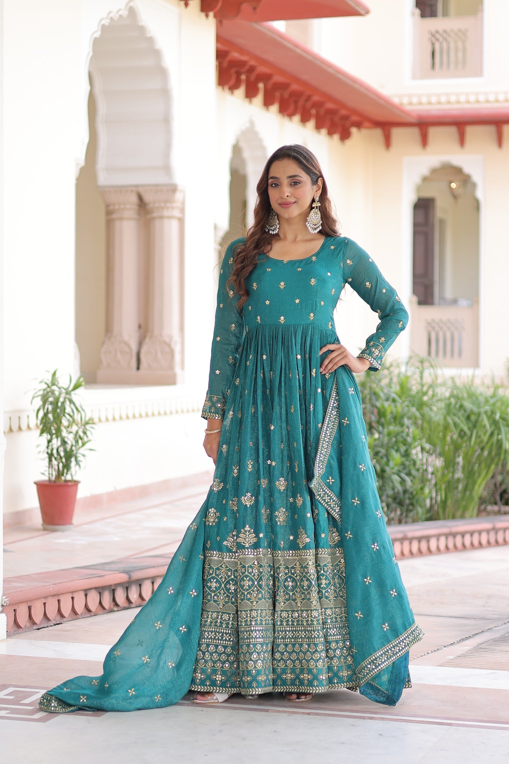 Prazu Fashion Teal Silver Crunchy With Rich Sequins Embroidered Gown With Dupatta