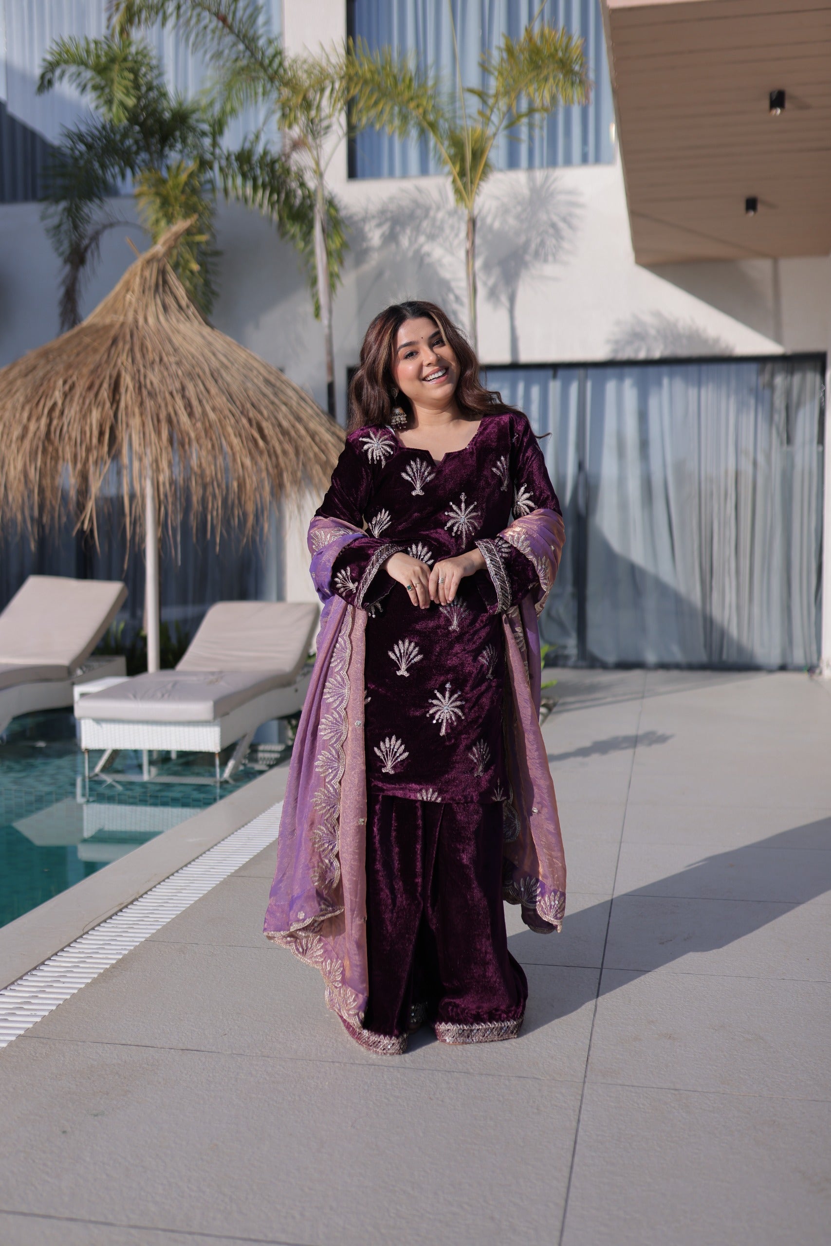 Prazu Fashion Wine Velvet Rich Zari Embroidered Work Palazzo Suit
