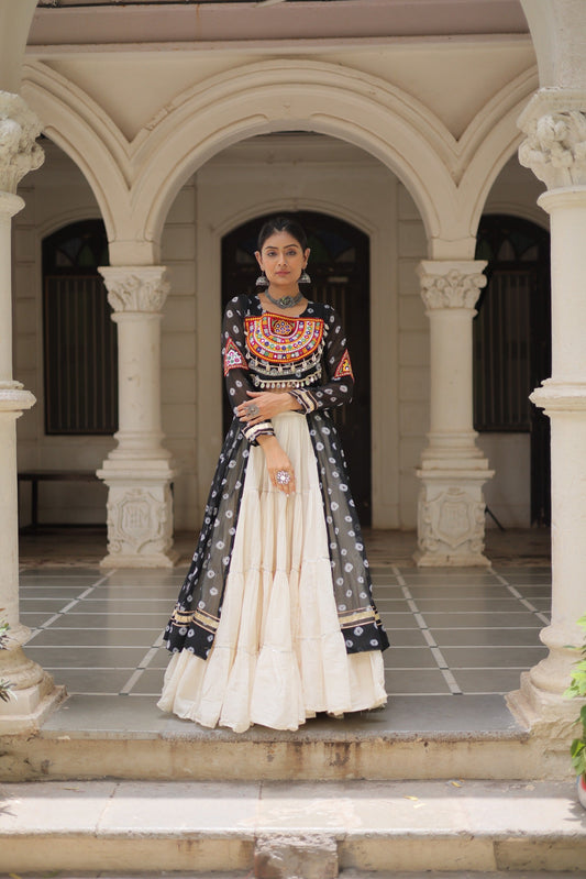 Prazu Fashion Black Georgette Bandhani Print With Kutchi Patchwork Navratri Lehenga Kurti